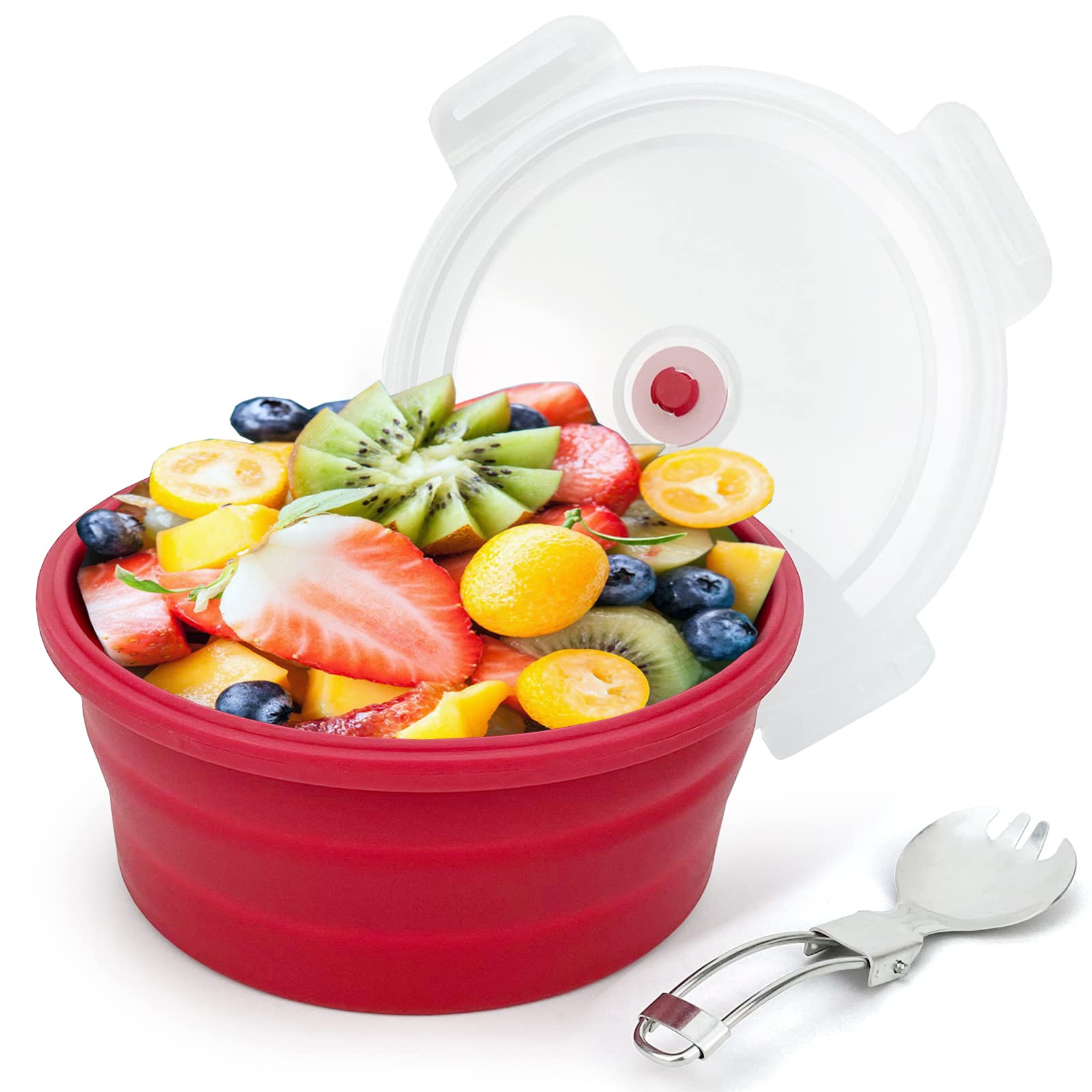 Lunbengo 1200Ml Large Camping Bowl With Foldable Spoon, Collapsible Bowl With Lid, Silicone Bento Box Container, For Travel Camp