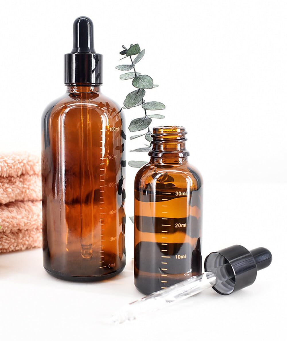 Tupandy 3Pcs 100Ml/3.4Oz Empty Amber Glass Dropper Bottles Refillable Glass Graduated Eye Dropper Container Storage Jar Pot Hold