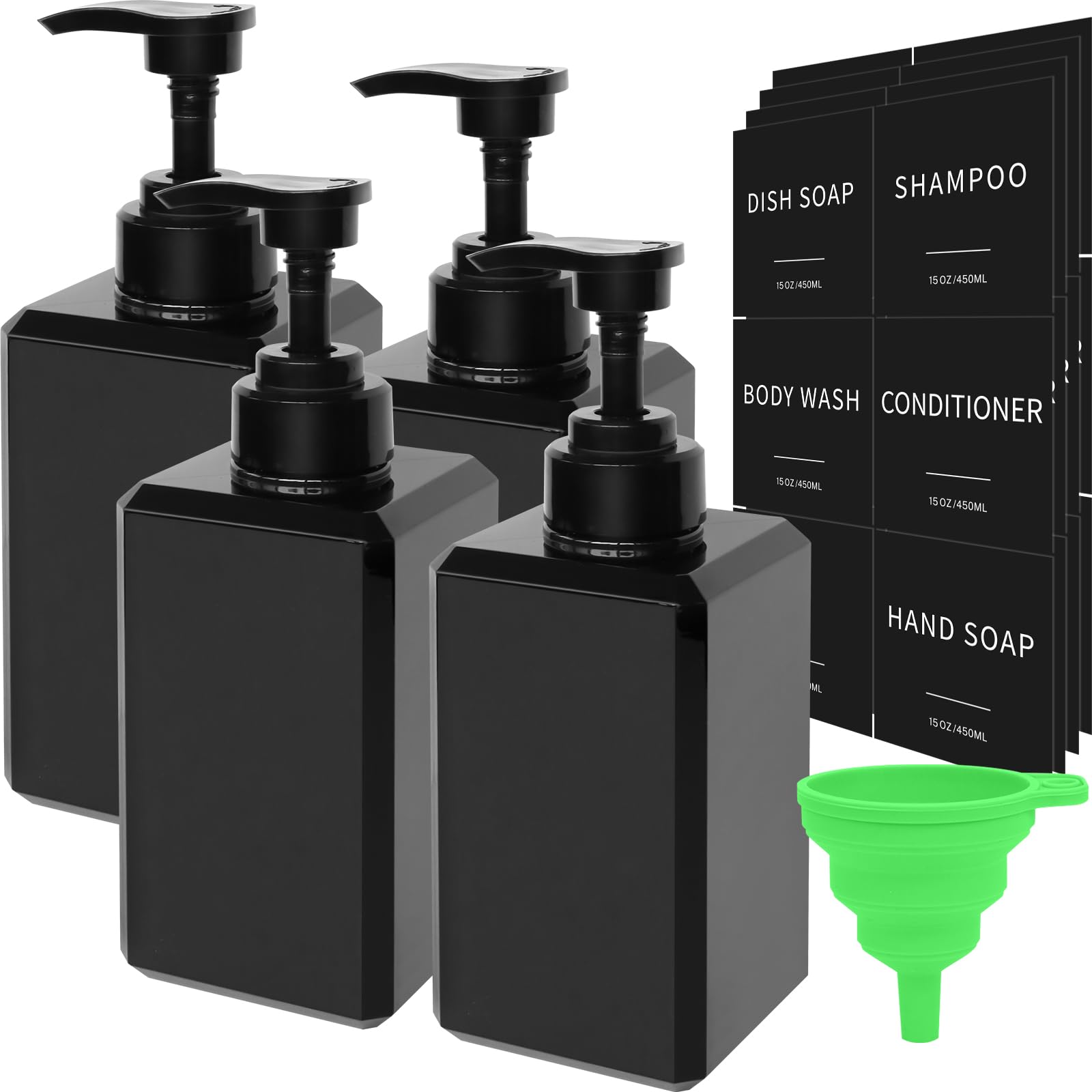 Black Soap Dispenser With Waterproof Labels, 15Oz Plastic Hand Soap Dispenser For Bathroom, Thickened Plastic Dish Soap Dispense