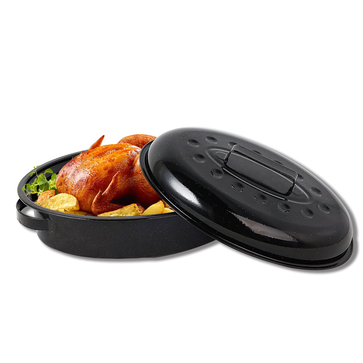 Letschef Roasting Pan 11Lb 15.7 Inch Oval Enamel Oven Roaster Pan With Lid For Turkey Chicken Cookware Pfoa Free