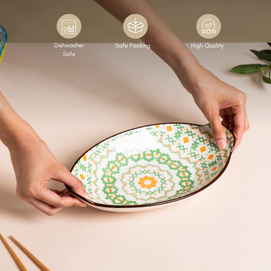 Nestasia Green Criss-Cross Ceramic Long Dish with Handles for Serving Snacks, Appetizers, Salads, and Noodles| Microwave Safe, D