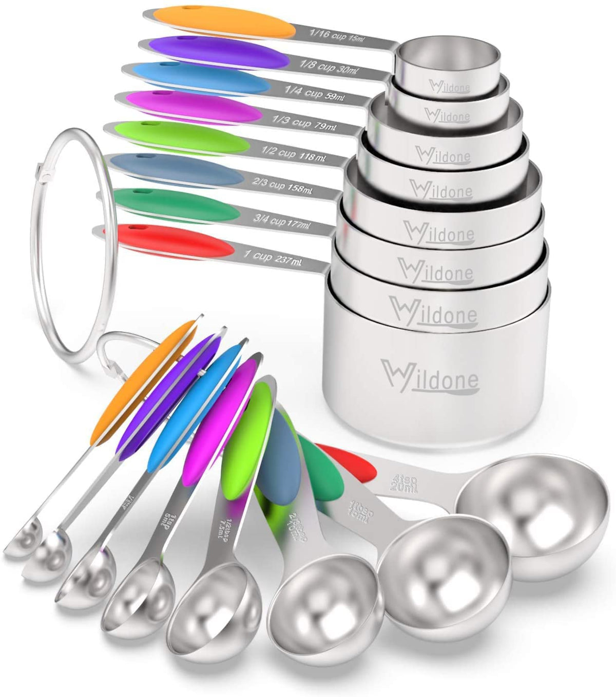 Measuring Cups & Spoons Set Of 16, Wildone Premium Stainless Steel Measuring Cups And Measuring Spoons With Colored Silicone Han