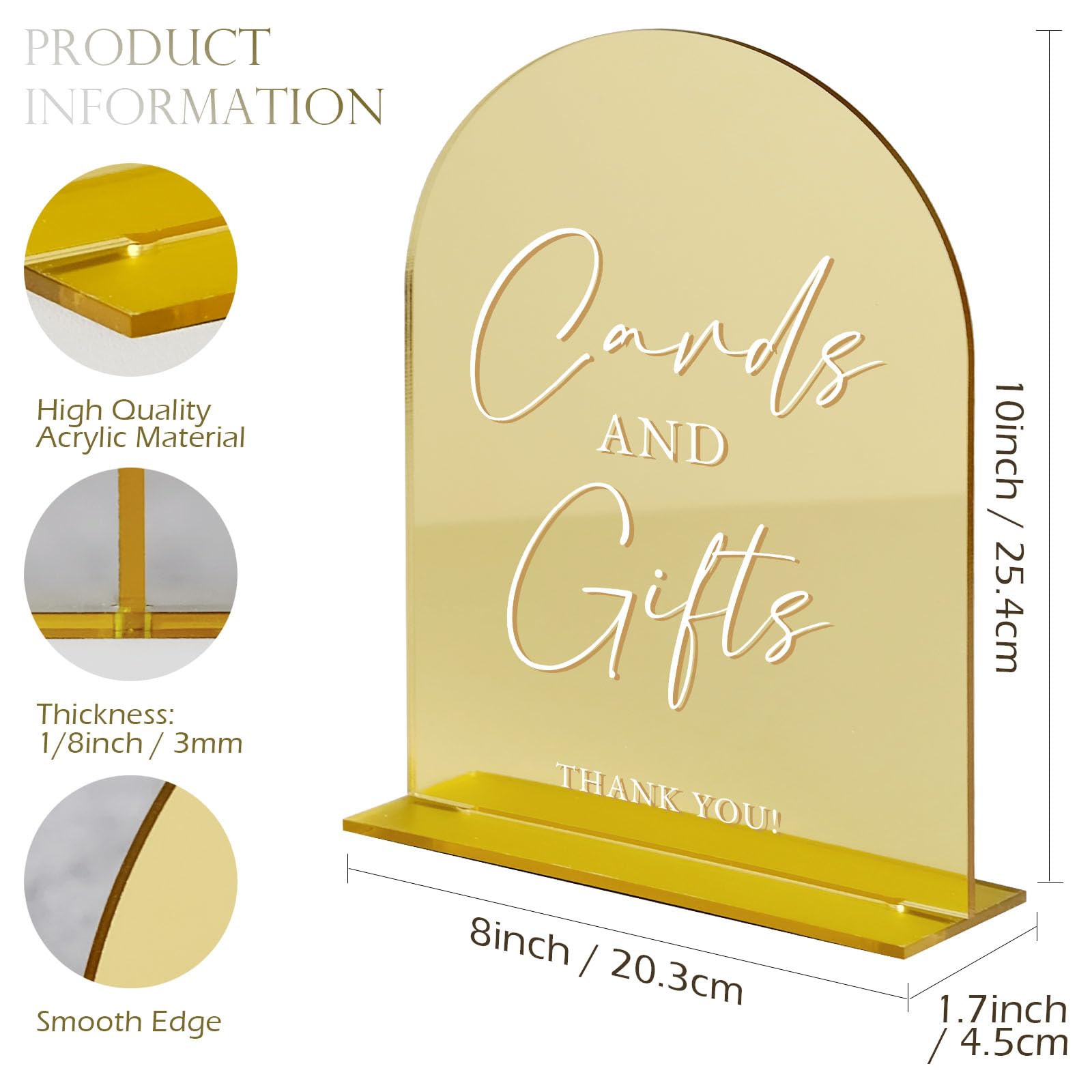 Cards and Gifts Sign with Stand- 8x10 Gold Mirror Acrylic Wedding Sign and Base,1/8 Thick | Modern Calligraphy White Lettering A