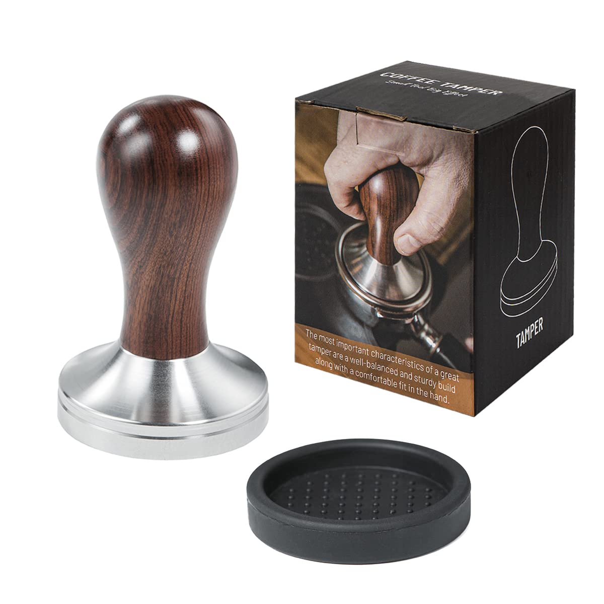 Useamie Coffee Tamper Espresso Press With Tamper Mat 304 Stainless Steel Flat Base Wooden Handle For Coffee Grounds Barista Espr
