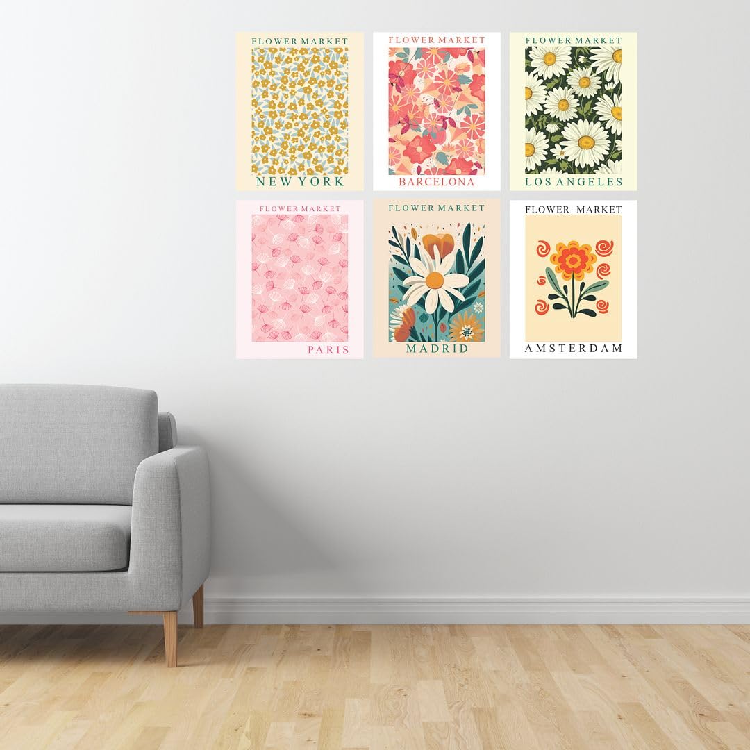 Cvanu Set Of 6 Beautiful Flower Market Botanical Design Printed Aesthetic Wall Art Collage Kit Posters With Glue Dot Tape For Ha