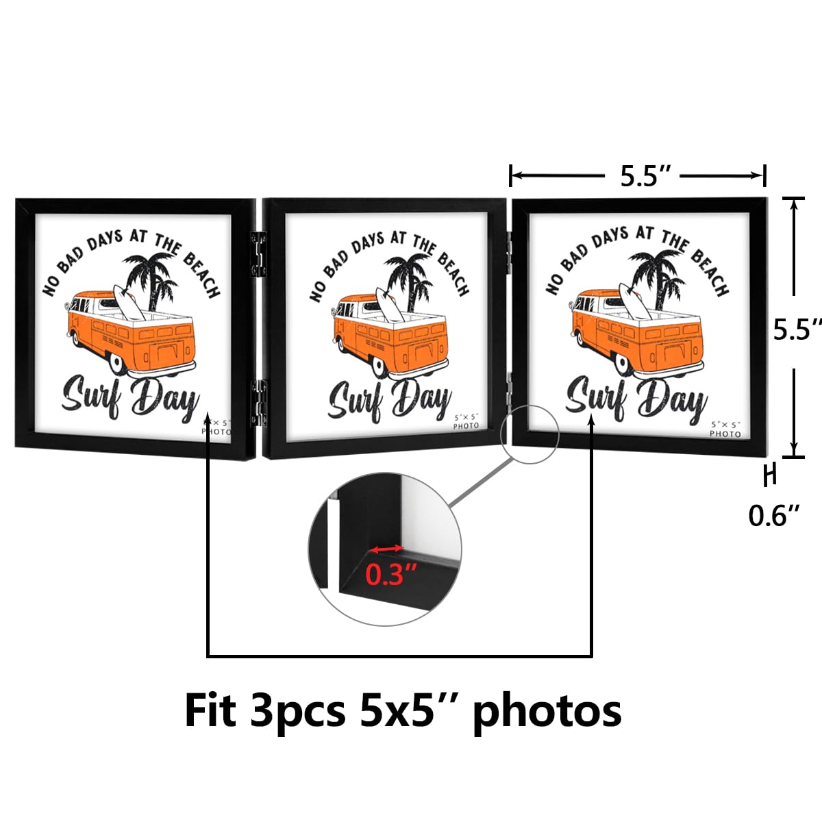 3 Picture Frame 5x5 Black Triple Hinged MDF Wood with Glass Front Three Opening Photo Frame Stand Vertical on Tabletop