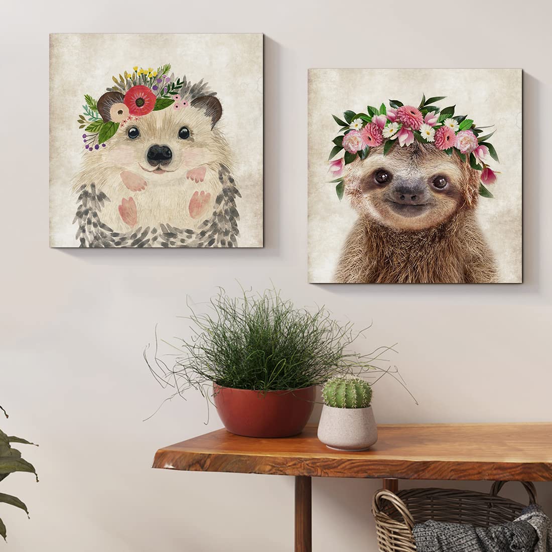 Oridomy Cute Hedgehog Print Wall Art Retro Animal Portrait Poster Funny Raccoon With Garland Picture Painting Safari Animal Art