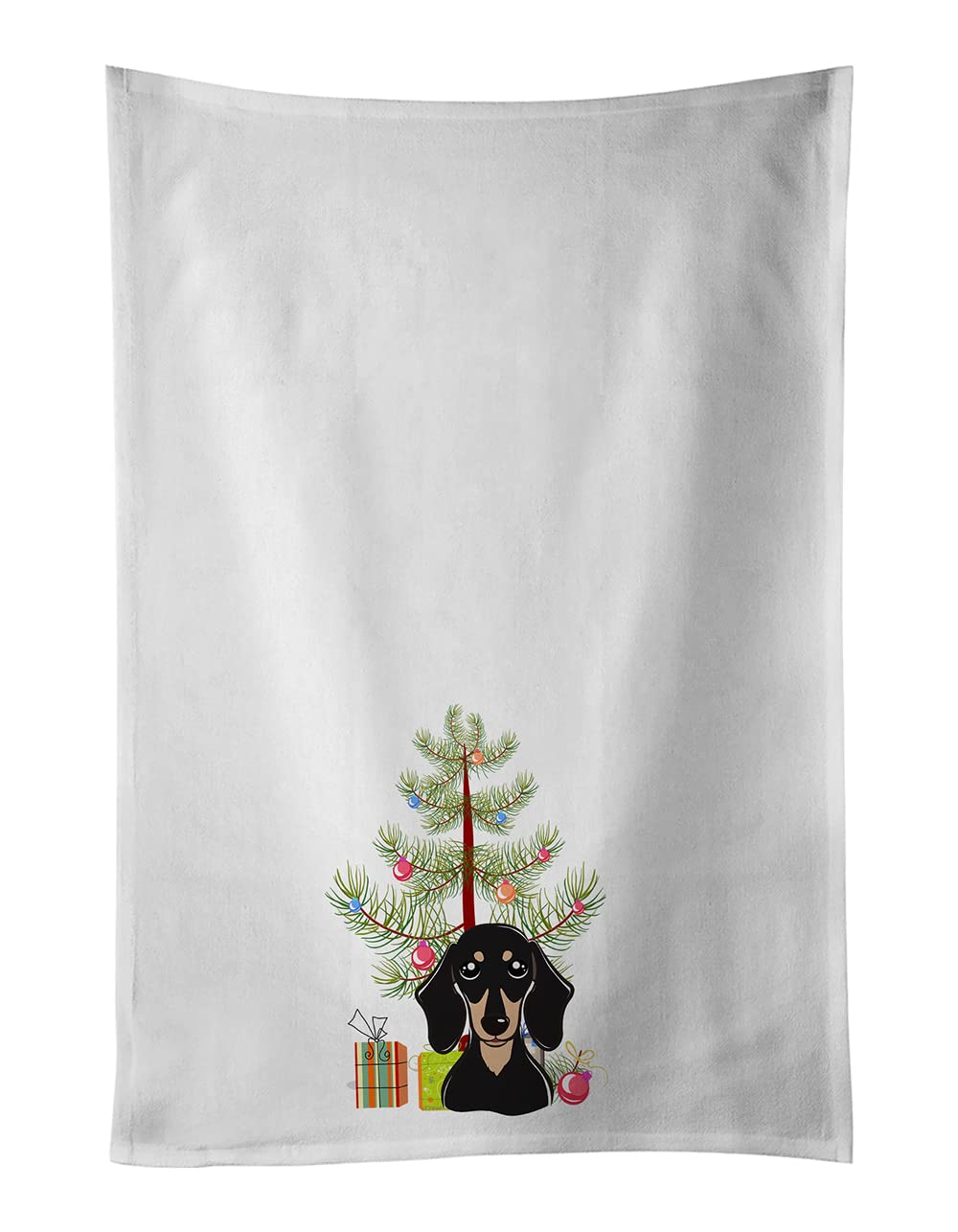Christmas Tree and Smooth Black and Tan Dachshund White Kitchen Towel Set of 2