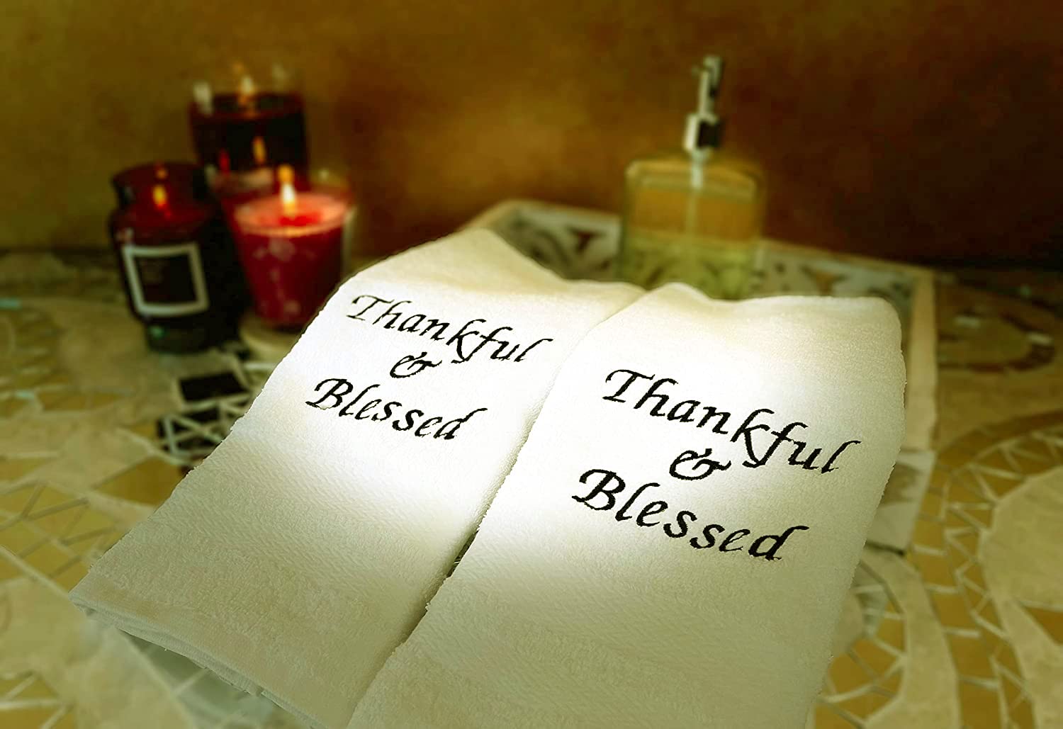 Liberty21 Embroidered Hand Towels With Inspirational Message: Thankful & Blessed (2 Hand Towels) For Bathroom, Kitchen Or Spa. (