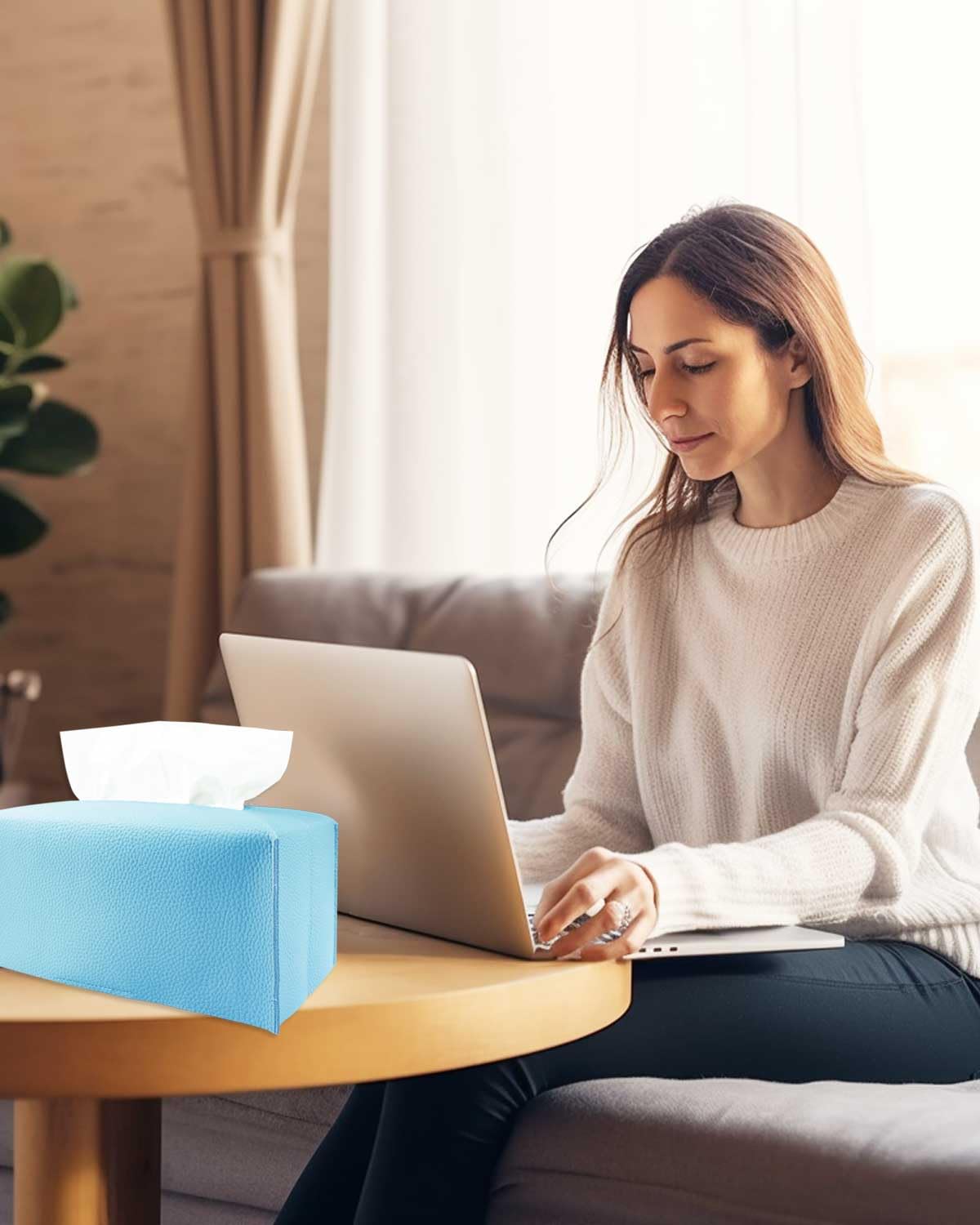 Sky Blue Tissue Box Cover Rectangular - Plus Size Large Tissue Box Cover Rectangle [Jesmini] Faux Leather Tissue Box Holder Long