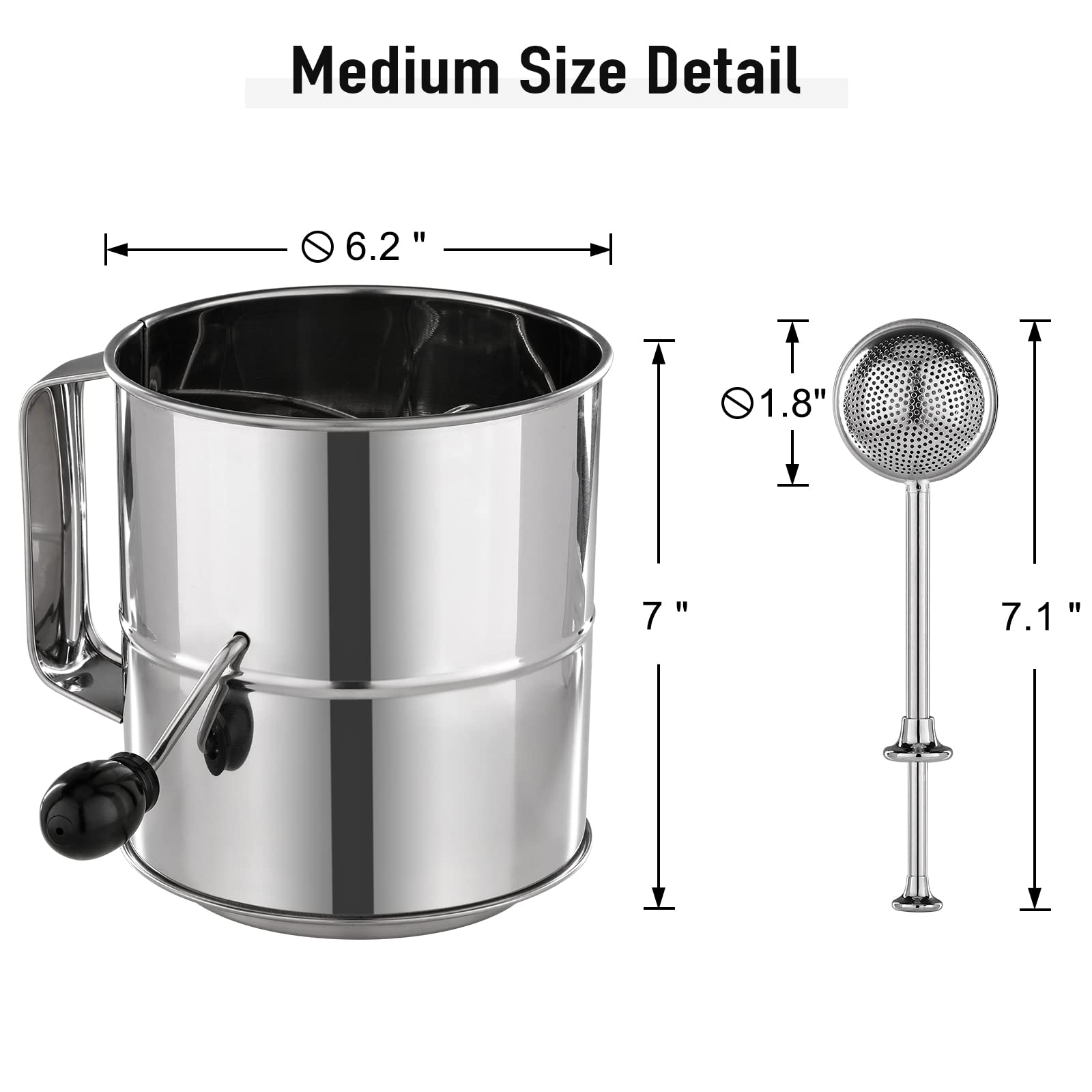 Piquebar Flour Sifter - 8 Cup Fine Mesh Hand Crank Sifter Stainless Steel With Agitator Wire Loop For Baking, Powdered Sugar Dus