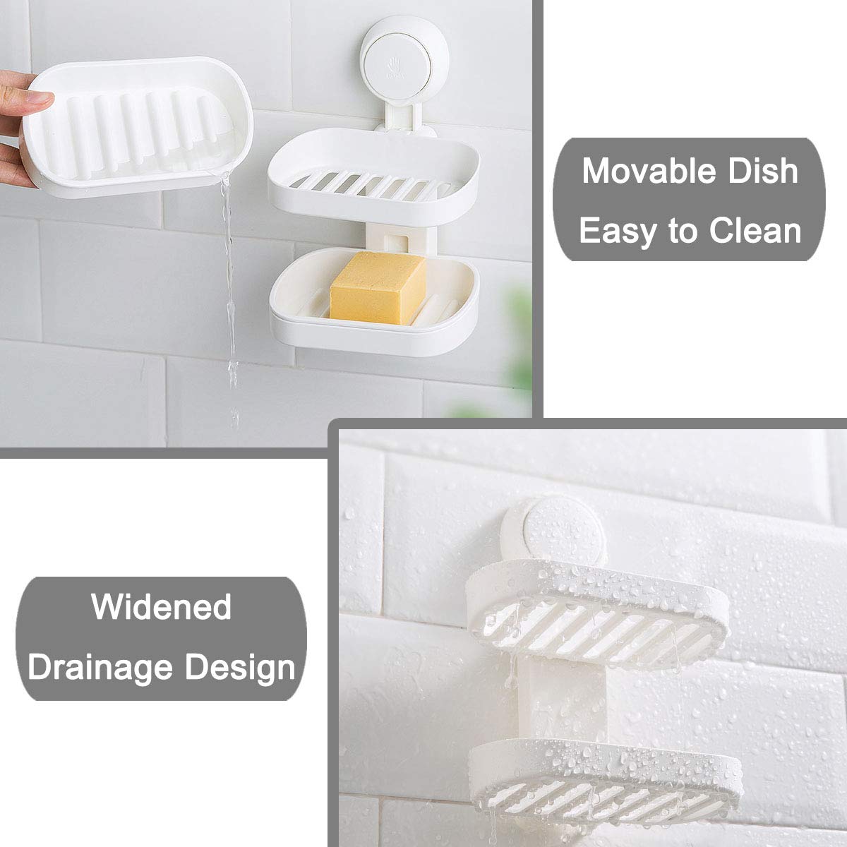 Sunhorde Double Layer Soap Dish Suction Cup Soap Holder For Shower, Powerful Soap Bar Case For Bathroom, Drill-Free, Drainage De