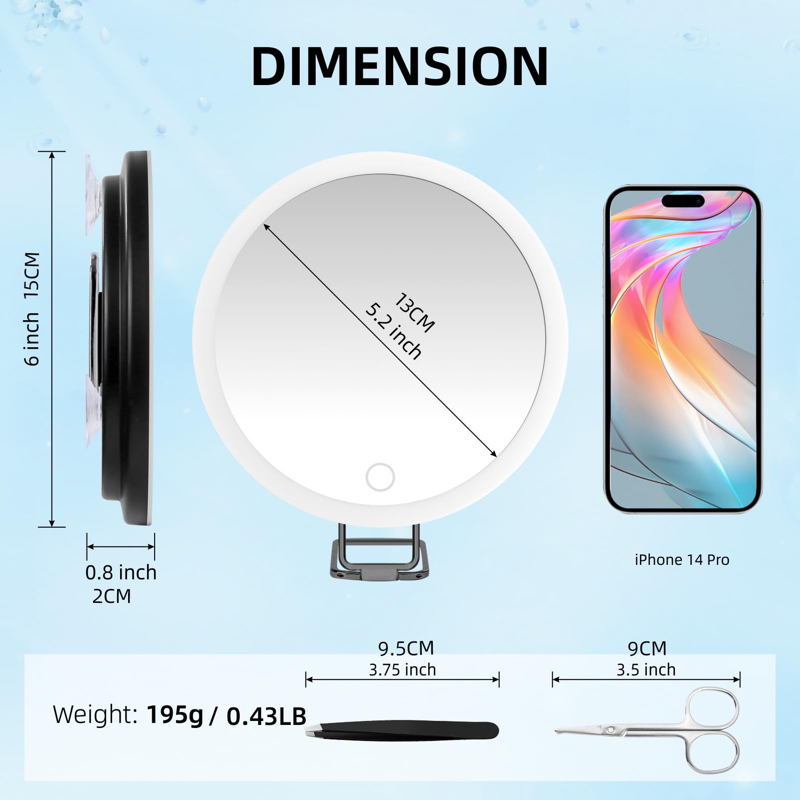 Suupvaor 30x Magnifying Mirror with Light, 6" Rechargeable, Dimmable, Suction Cups & Stand, Black, High Magnification, Travel-Friendly