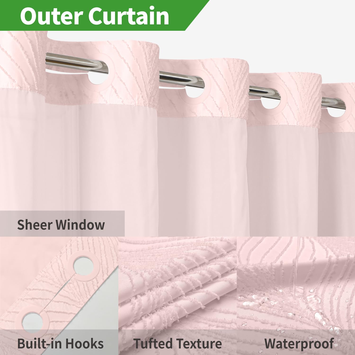 Eachope No Hook Shower Curtain And Liner Set,Boho Style With See Through Top Window, Pink Fabric Tufted Striped Textured Outer C