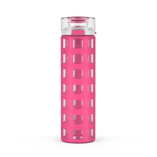 Ello Syndicate Glass Water Bottle with One-Touch Flip Lid and Protective Silicone Sleeve and Carry Loop  BPA Free  Dishwasher Safe  Pink  20oz
