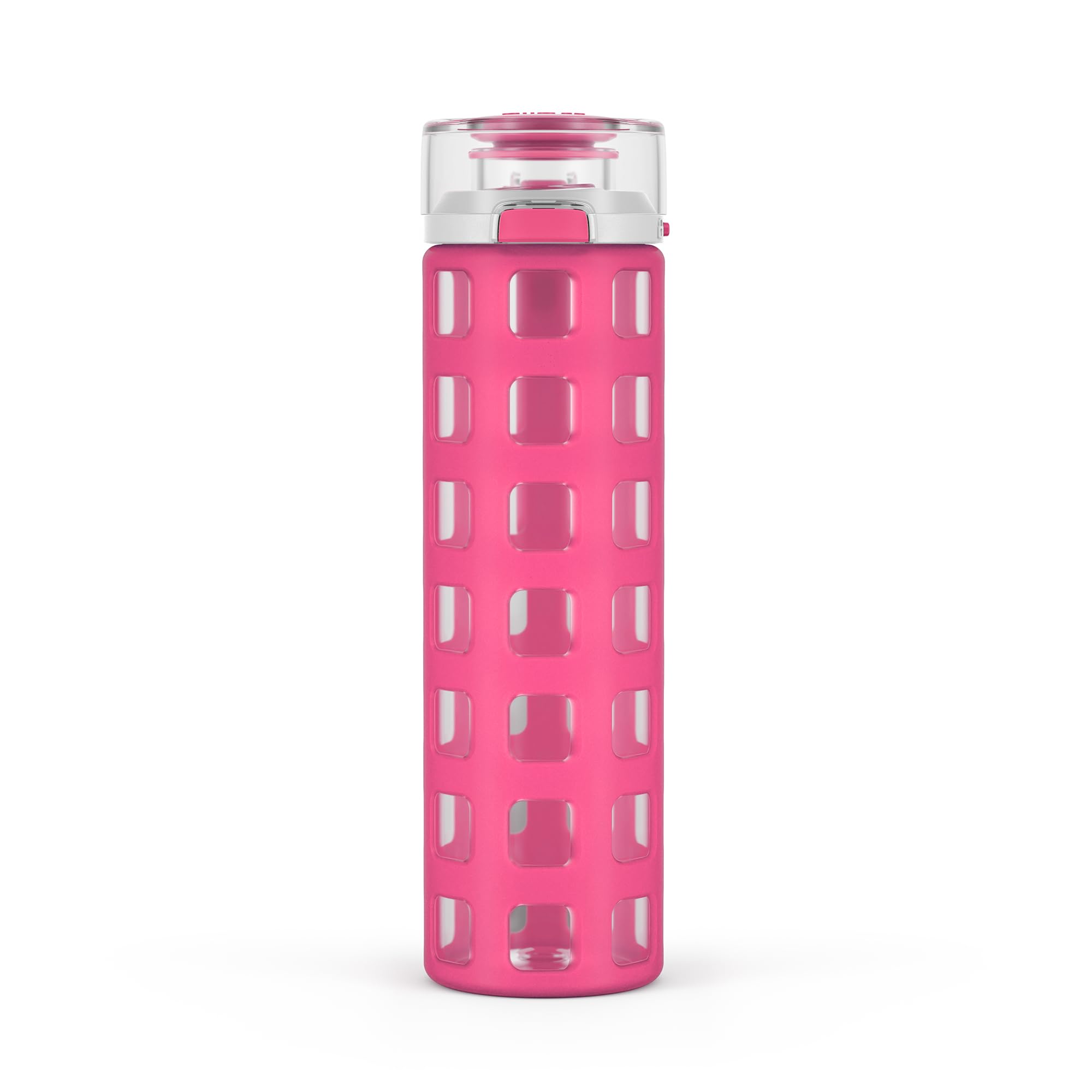 Ello Syndicate Glass Water Bottle with One-Touch Flip Lid and Protective Silicone Sleeve and Carry Loop  BPA Free  Dishwasher Safe  Pink  20oz