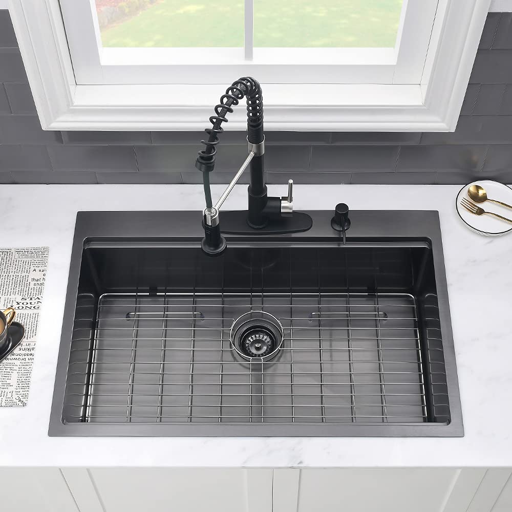 33 Inch Black Drop In Kitchen Sink Workstation-Vasoyo 33X19 Kitchen Sink Drop In Black Stainless Steel Workstation Sink 16 Gauge