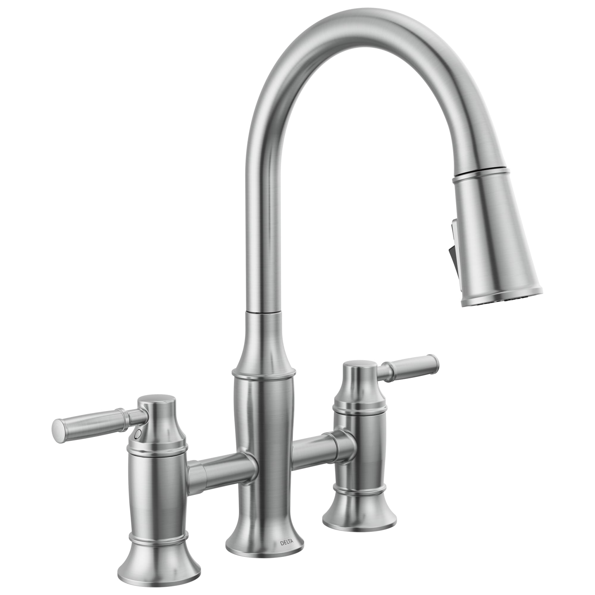 Delta Renaldi Brushed Nickel Kitchen Faucet with Pull Down Sprayer, Bridge 3 Hole Modern Kitchen Sink Faucet, Two-Handle, Lumico