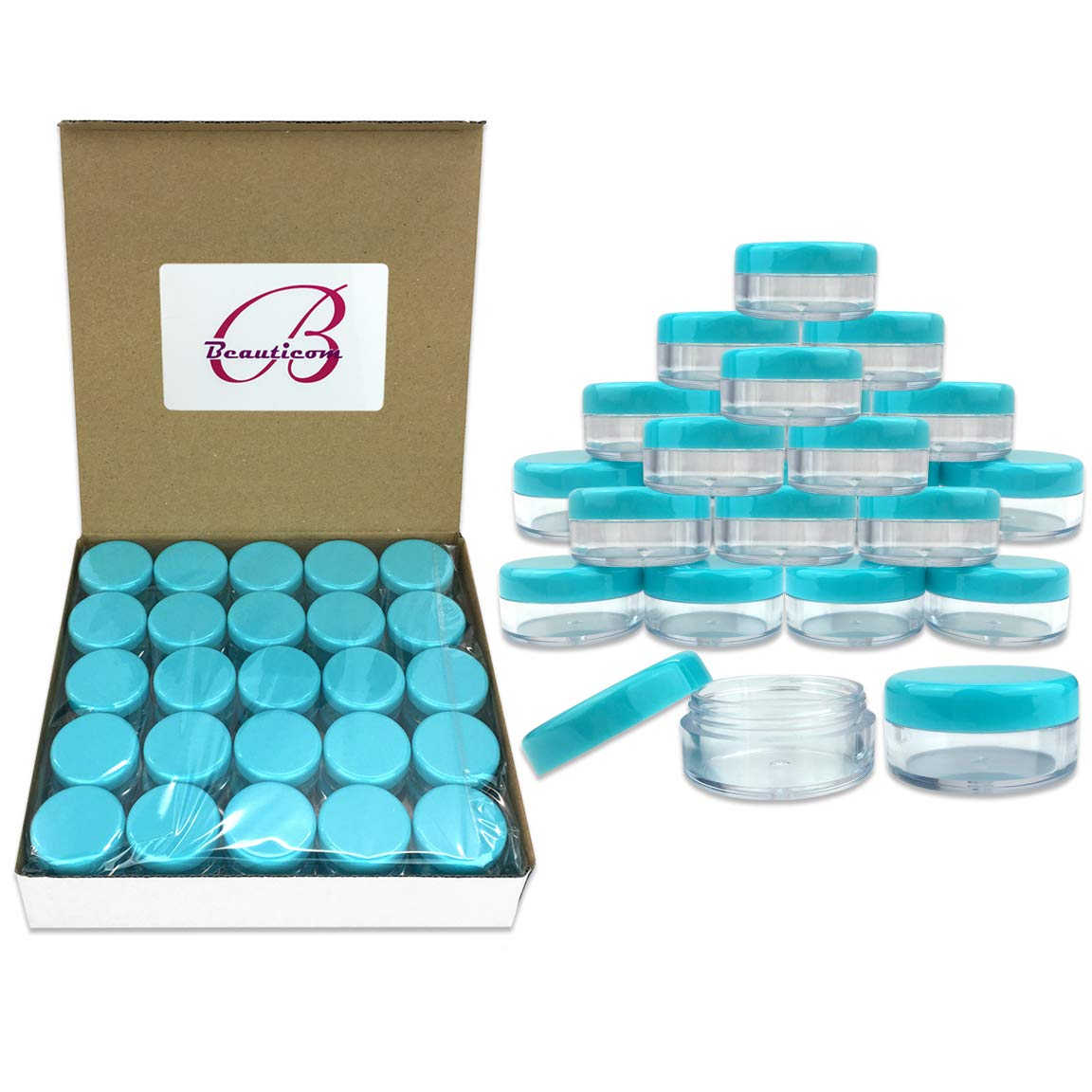 Beauticom (Quantity: 100 Pieces) 5G/5Ml Round Clear Jars With Teal Sky Blue Lids For Scrubs, Oils, Toner, Salves, Creams, Lotion