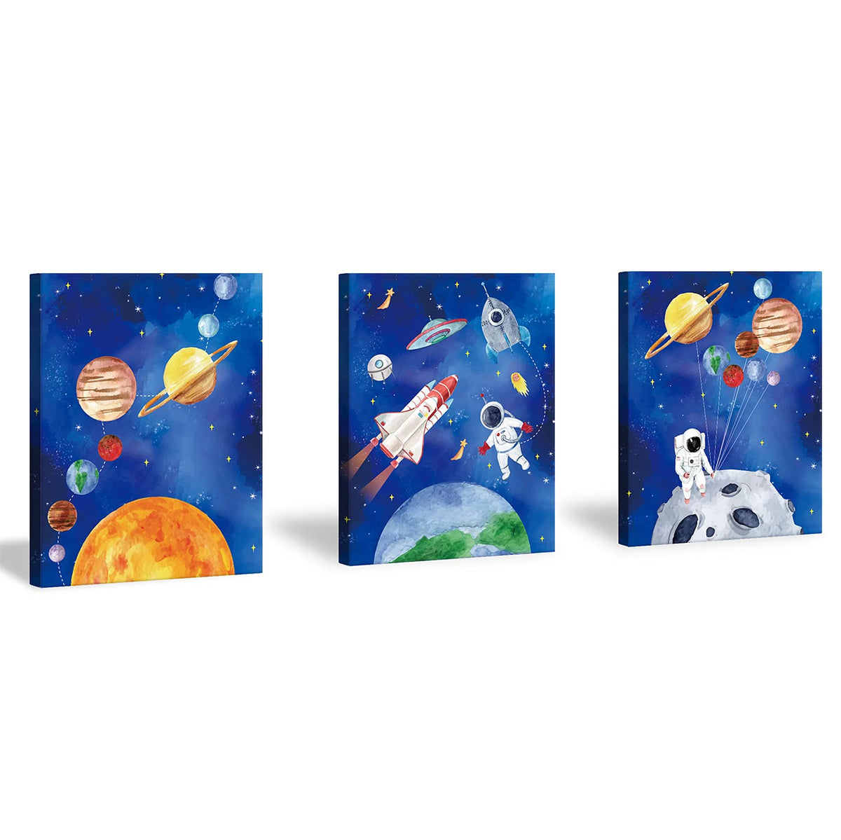 Chditb Framed Outer Space Art Prints Cartoon Watercolor Planet Wall Art Set Of 3 Pieces (11.8X15.6Inch), Universe Theme Canvas P