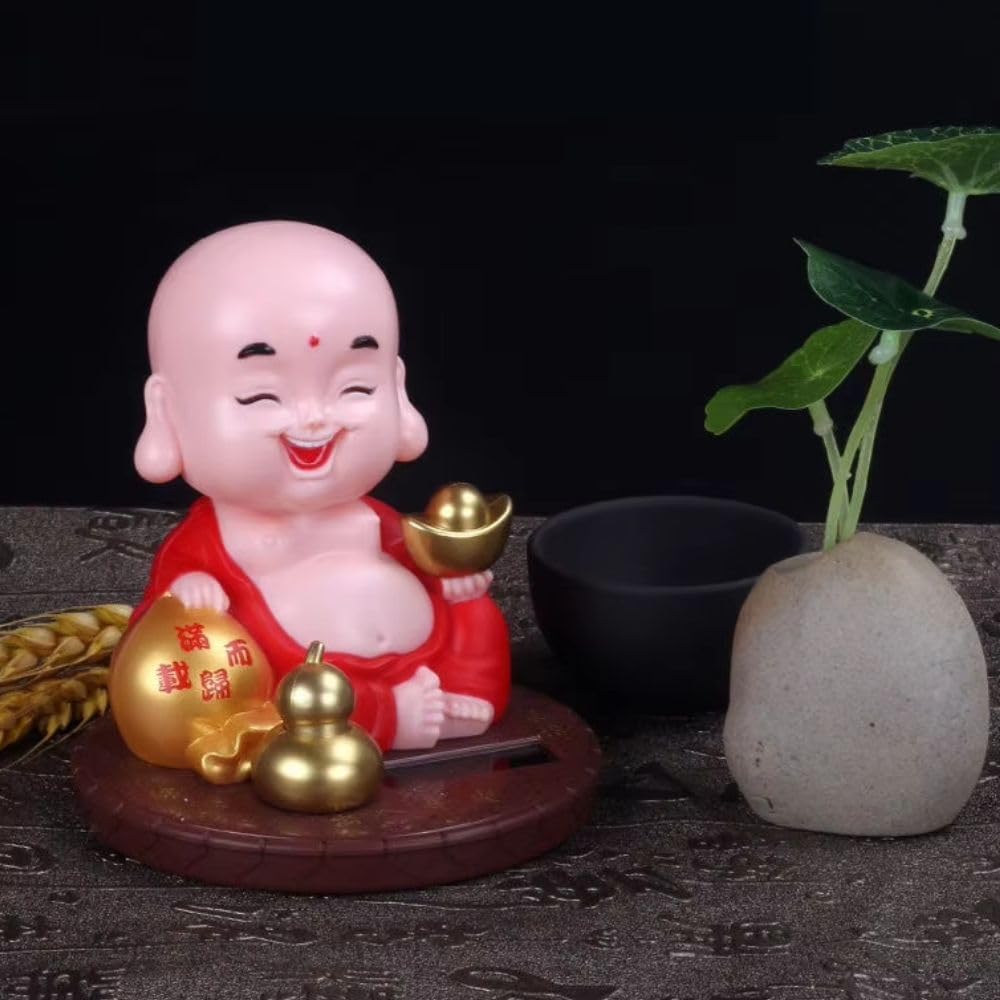 Craftvatika Plastic Solar Powered Moving Head Laughing Buddha Feng Shui Items For Good Luck, For Money, Home Dcor Items, Show Pi