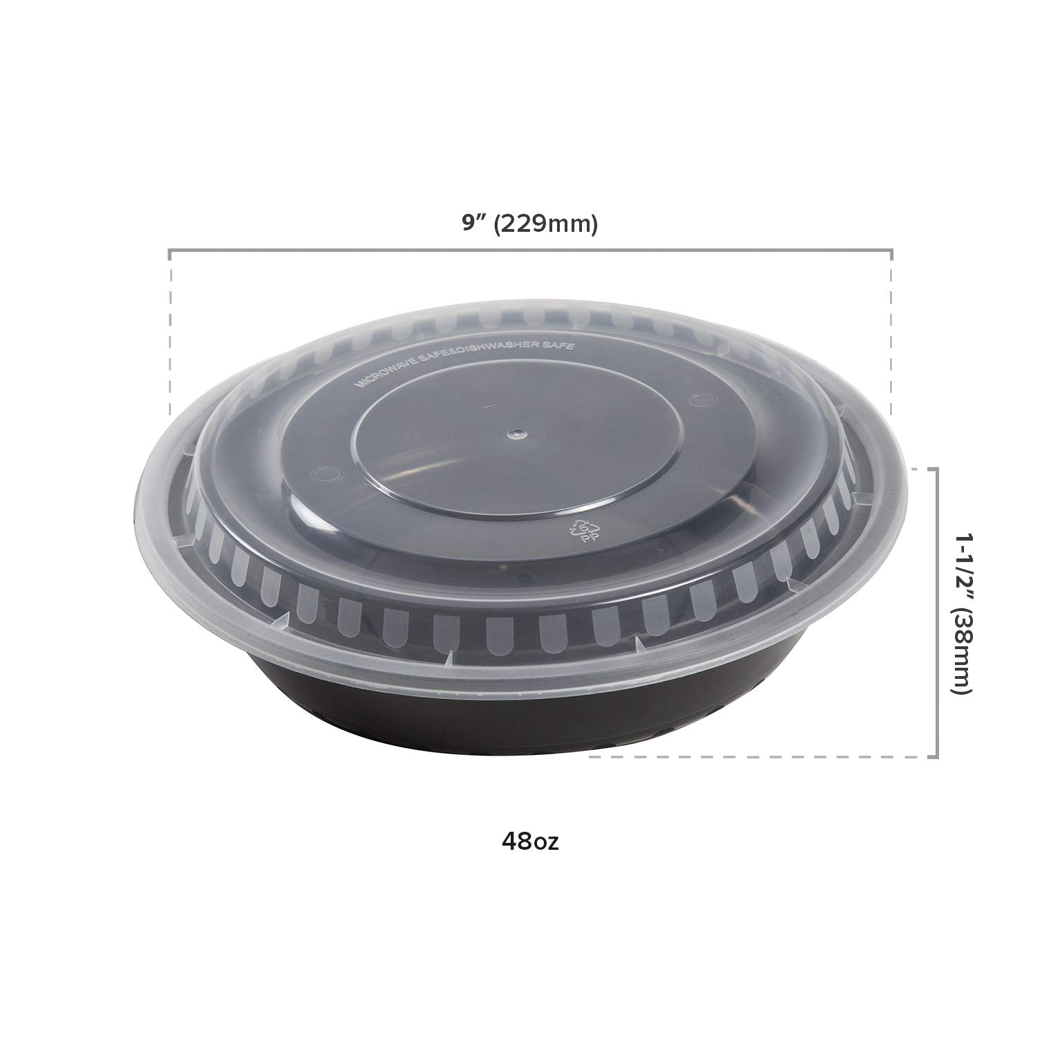 Amercare 9 Inch Round Black Plastic Containers With Lids, 48 Ounces For Microwave Or Freezer, Pack Of 150