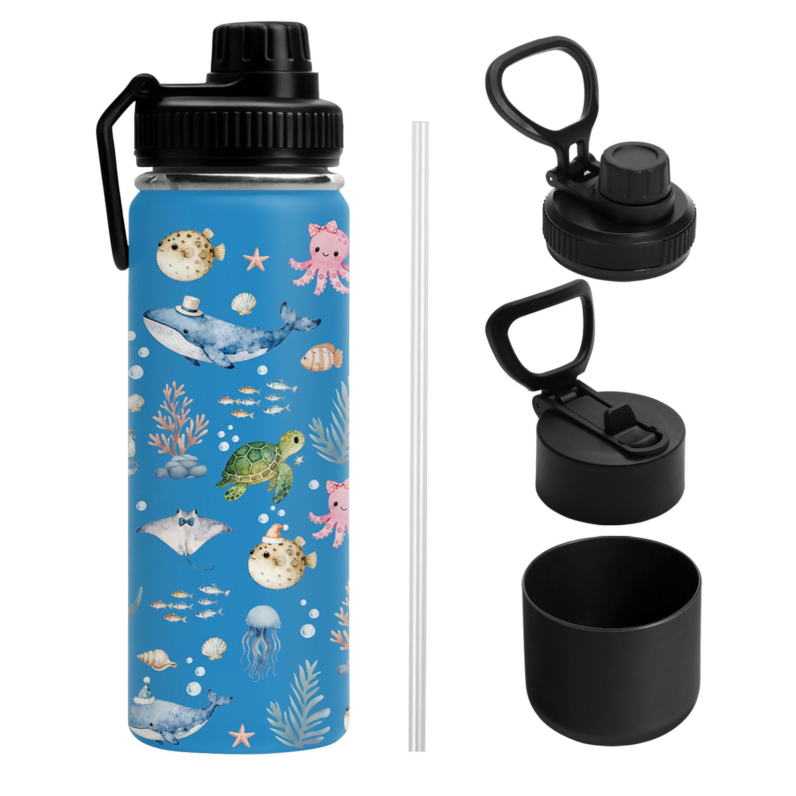 Uibunoo Whale 18 oz Water Bottle, with 2 Lids Handle, Insulated Sports Cup