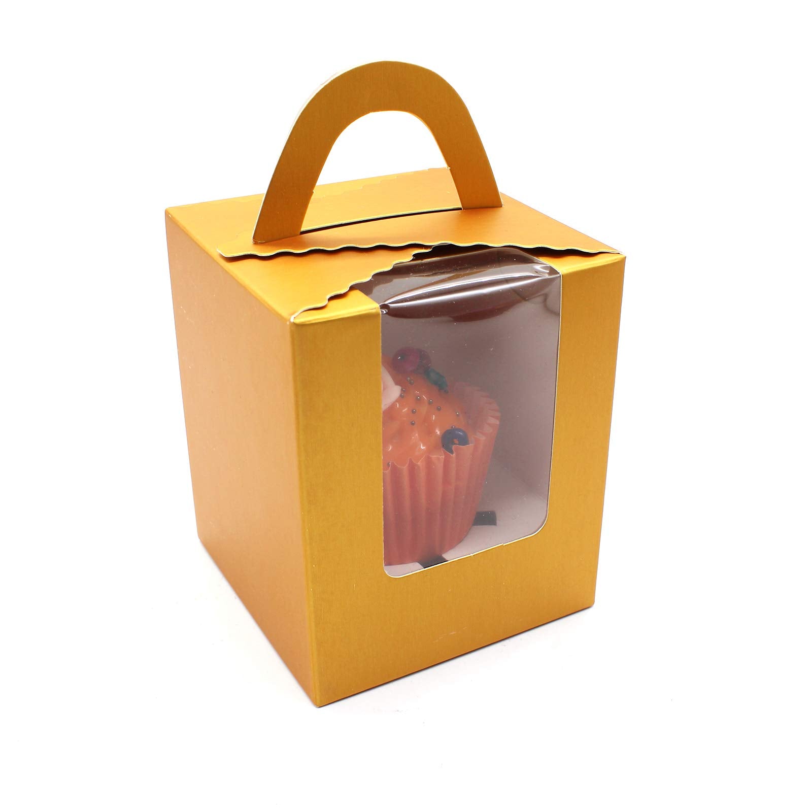 50 Pcs Gold Paper Cupcakes Boxes,Portable Single Individual Cupcake Gift Boxes With Window Inserts Handle For Wedding Candy Boxe