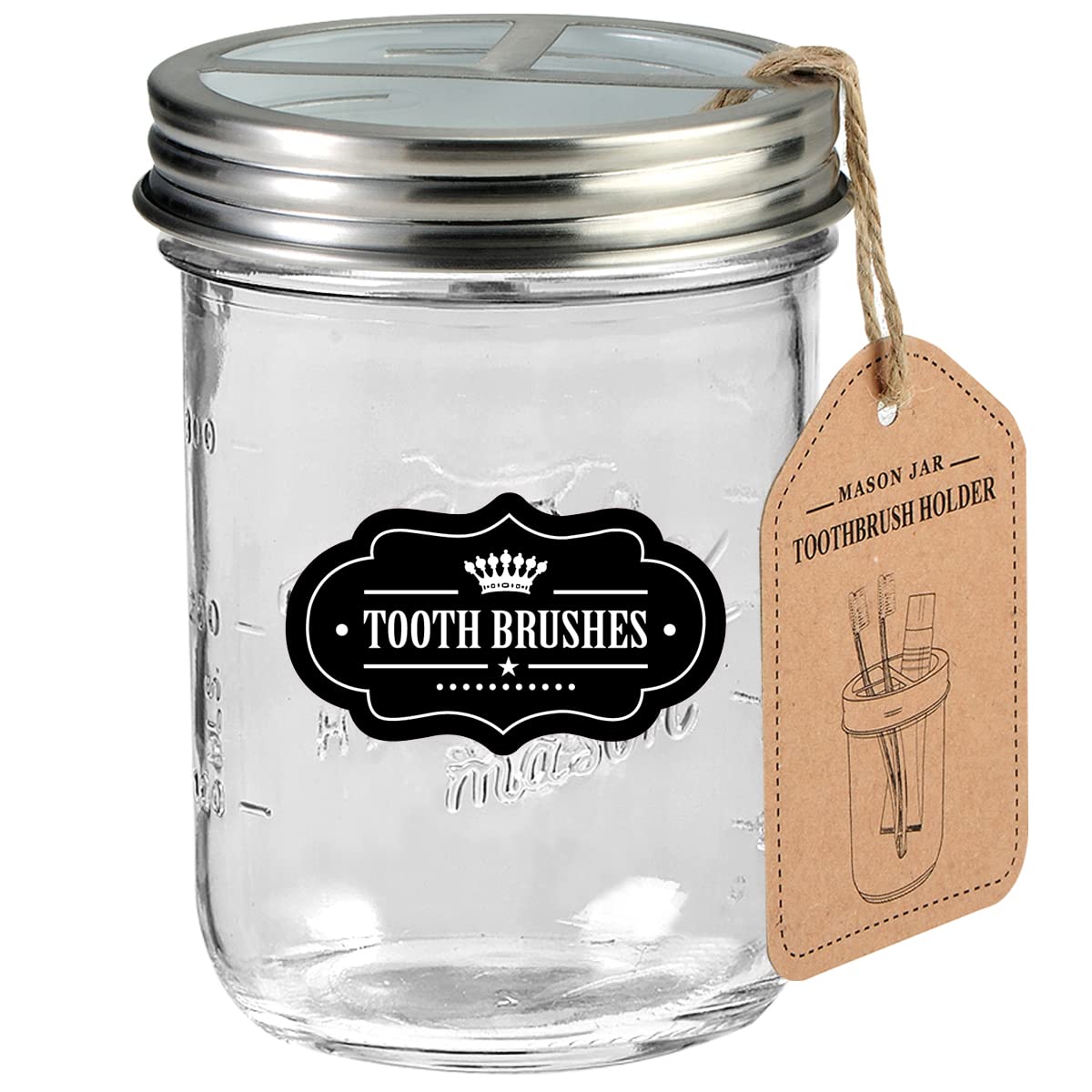 Komashr Mason Jar Toothbrush Holder - Brushed Nickel - With 16 Ounce Ball Mason Jar,Premium Rustproof 304 Stainless Steel Lid An