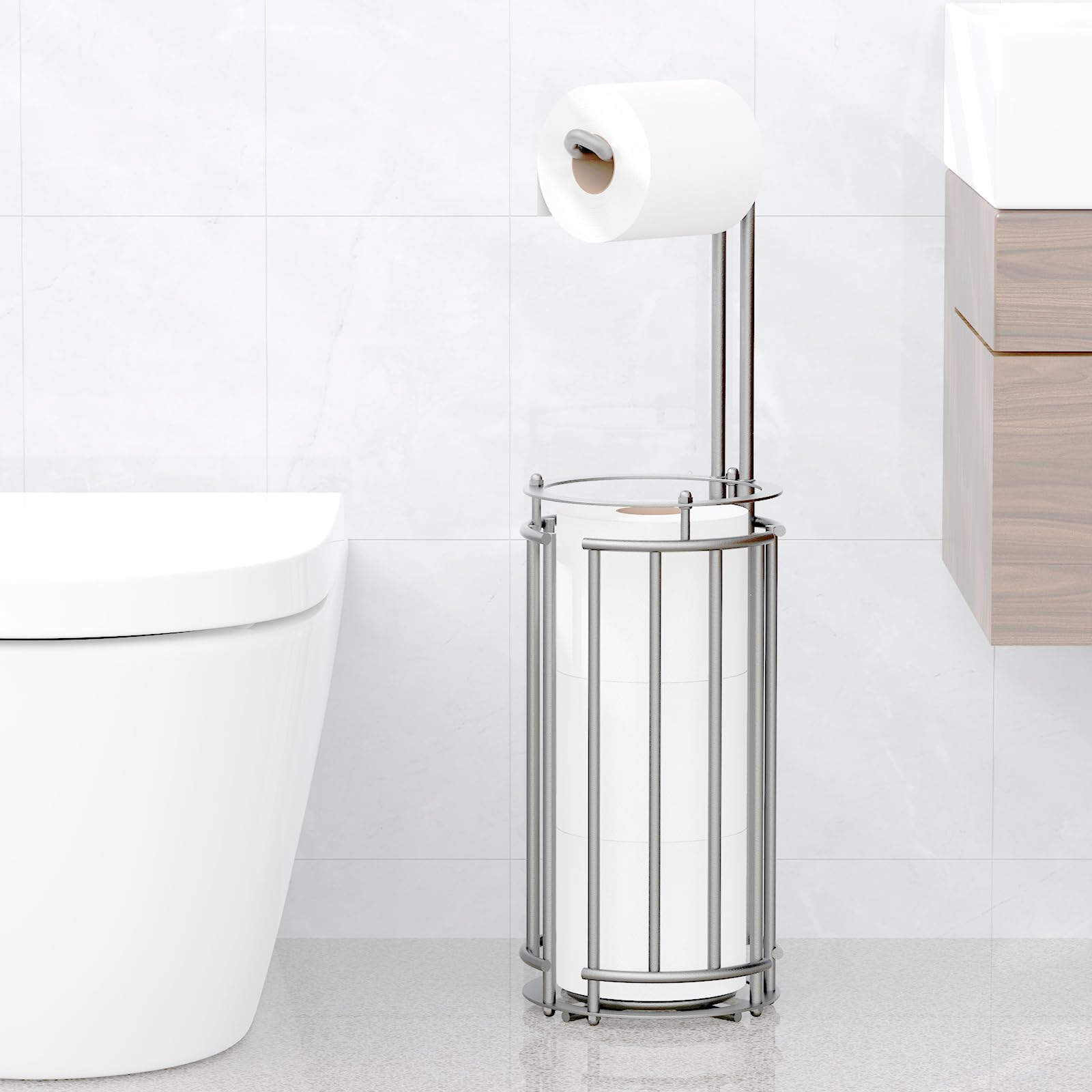 Meangood Toilet Paper Holder Stand And Tissue Paper Roll Dispenser For 4 Mega Rolls (Matte Silver)