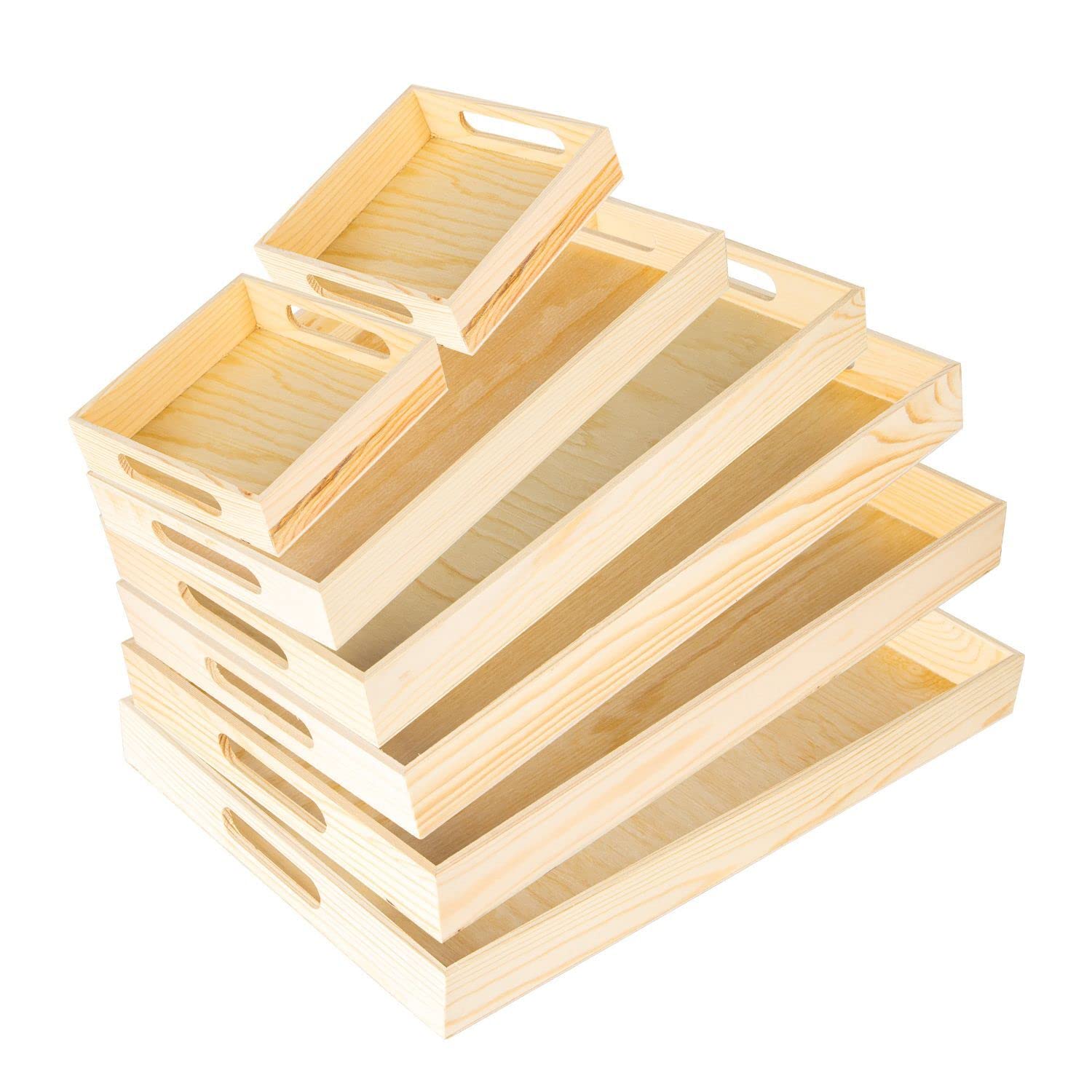 7Pcs Wooden Nested Serving Trays Set - Rectangular Shape Unfinished Wood Kitchen Nesting Food Trays With Handle For Coffee, Serv
