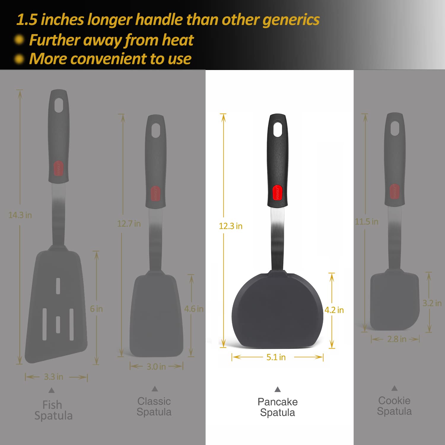 Silicone Pancake Spatula Turner With Lengthened Handle, Heat Resistant Cooking Spatulas For Nonstick Cookware, Large Flexible Ki