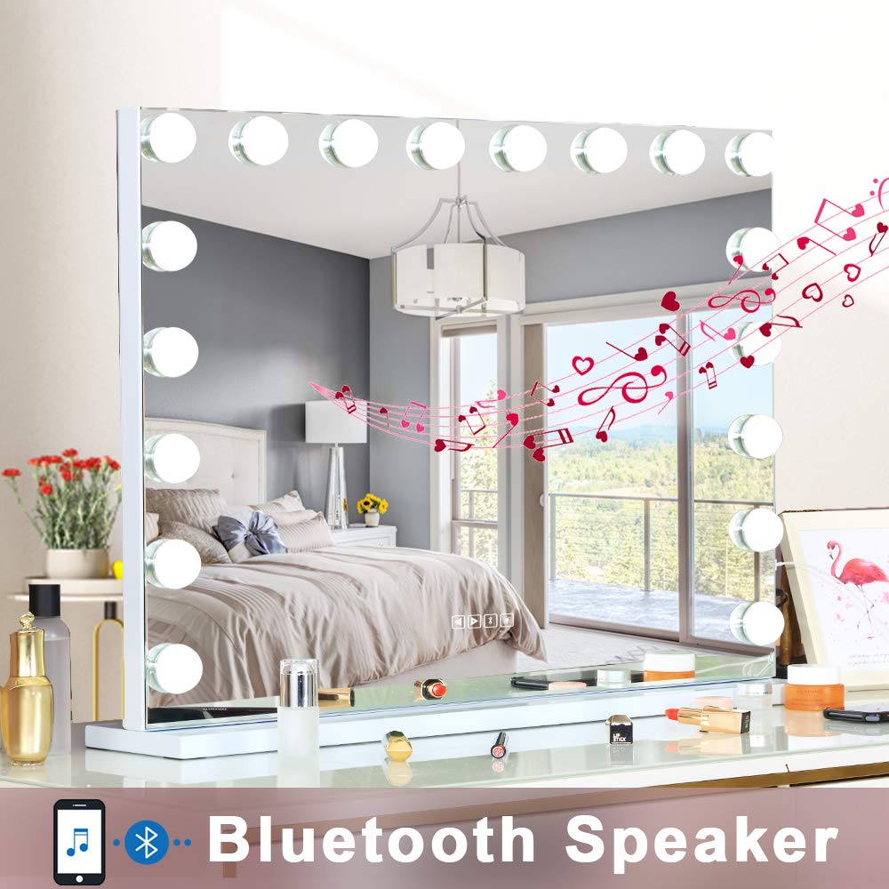 Bobening Vanity Mirror for Makeup Bluetooth  Extra Large Hollywood Lighted Mirror with 18 Dimming LED Bulbs Smart  Tabletop/Hanging Cosmetic Mirror with Touch Screen & USB Charging Port & Speaker