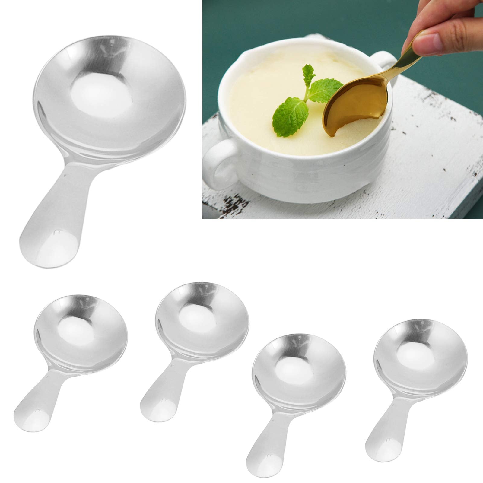 5Pcs Dessert Spoons 304 Stainless Steel Ice Cream Scoop Tea Spoon Soup Spoon Eating Short Spoon Kitchen Utensils (Silver)