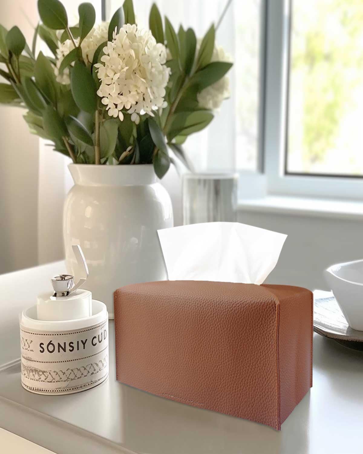 Rectangle Tissue Box Cover Brown - Normal Size Leather Rectangular Tissue Box Cover [Jesmini] Faux Leather Tissue Box Holder Lon