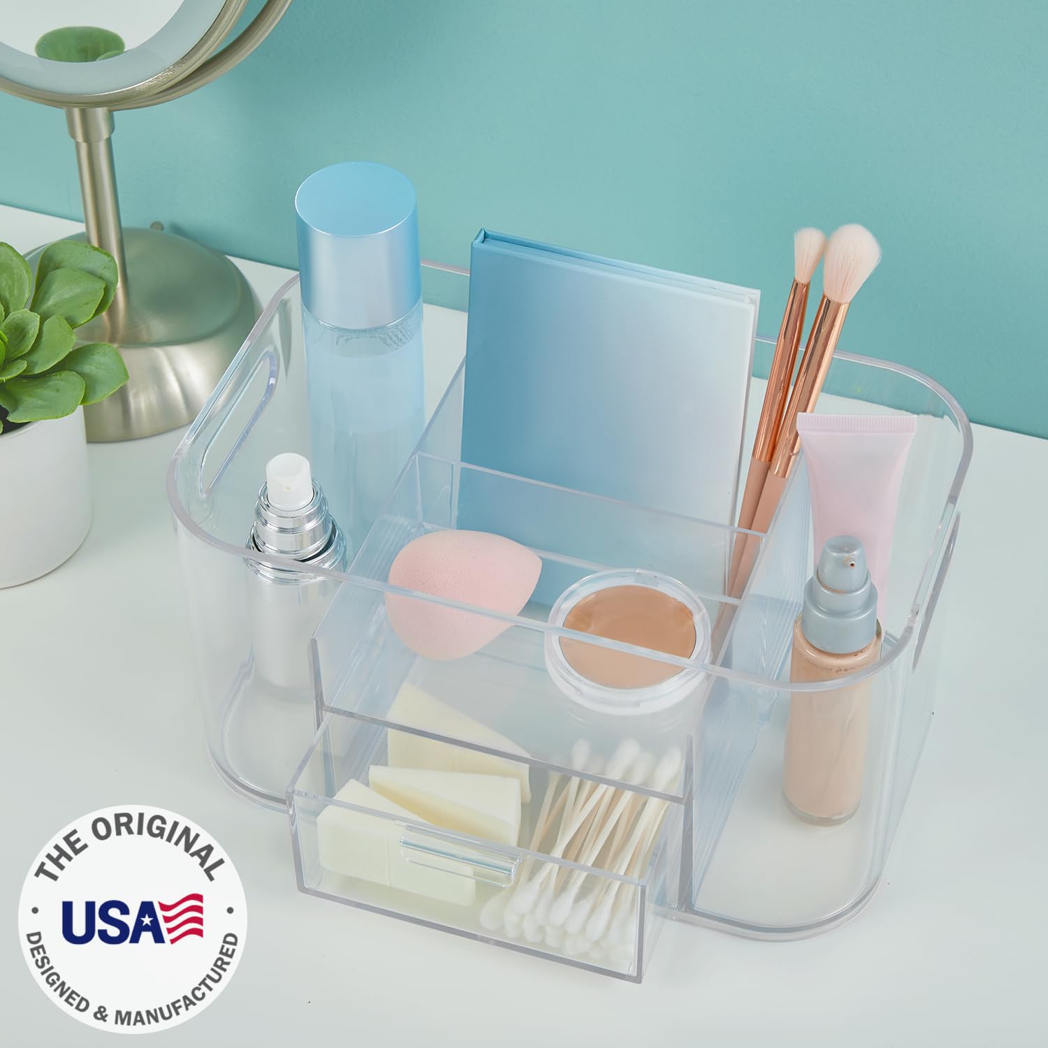 STORi Bliss 4-Compartment Plastic Vanity Organizer with Small Accessory Drawer in Clear | Rectangular Makeup  Skincare  & Cosmetic Storage Bin with Pass-Through Handles | Made in USA