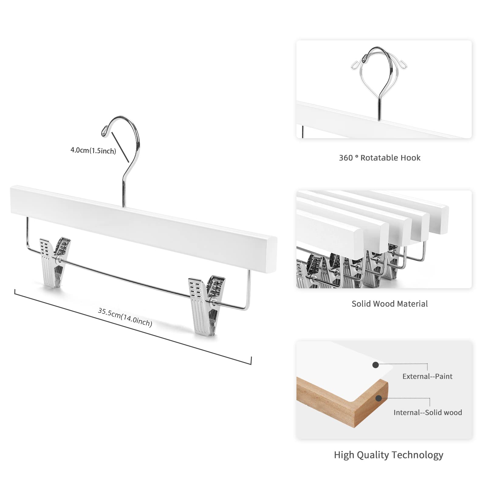 Nature Smile Deluxe Wooden Pants Hangers Solid Wood Bottom Jeans Hanger Skirt Hanger With 2-Adjustable Clips Pack Of 20 (White)