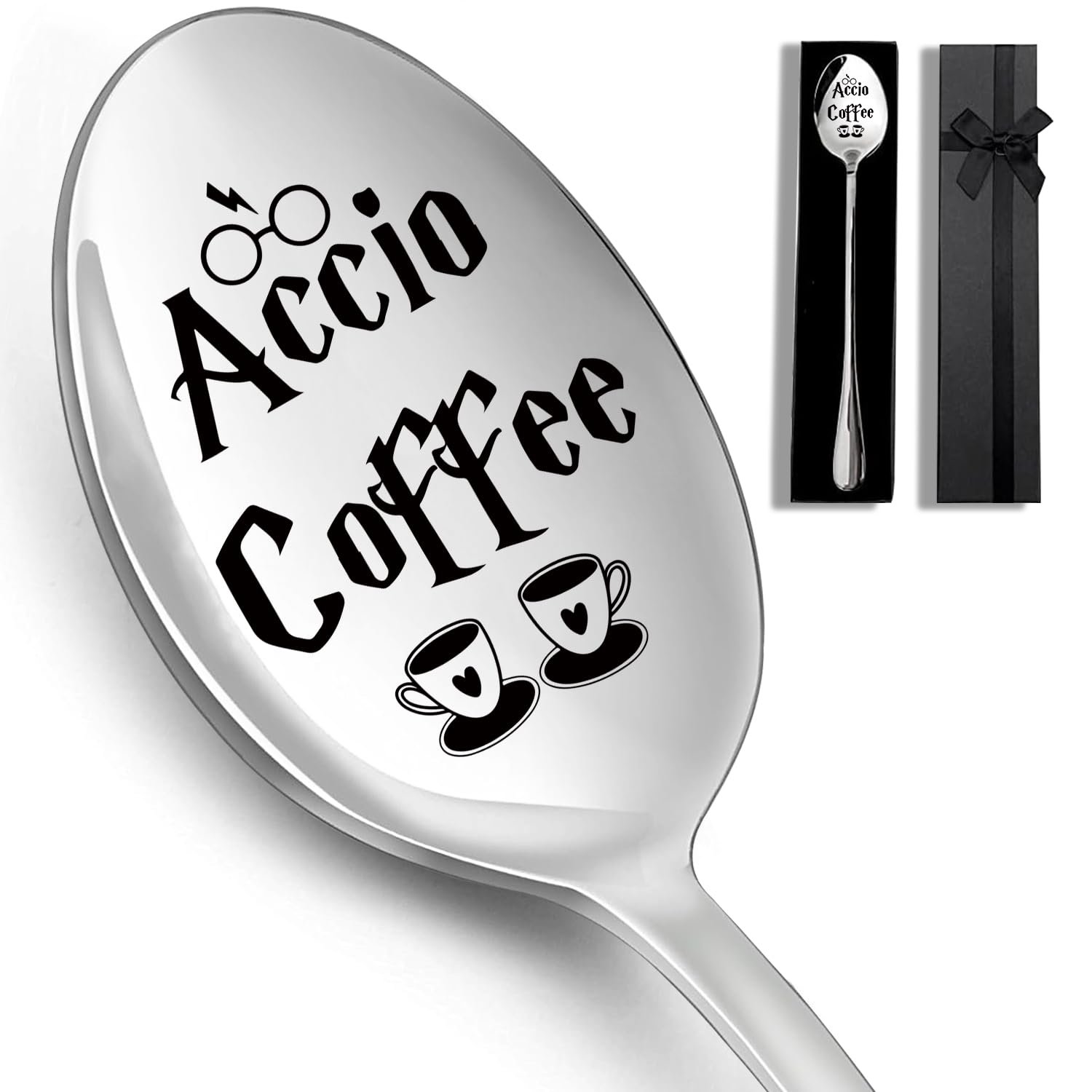 Funny Accio Coffee Engraved Stainless Steel Spoon, Coffee Stirring Spoon, Teaspoons, Ice Cream Spoon Gift for Coffee Lovers Book
