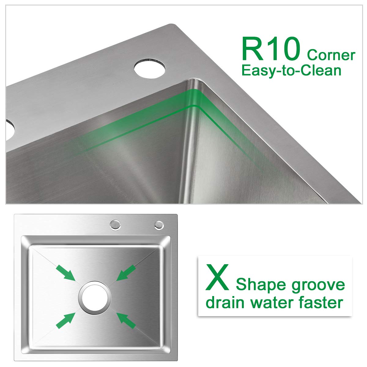 Ougoo 21.6 X 17.7 Inch Drop-In Tight Radius Kitchen Sink, Stainless Steel Topmount Handmade Single Bowl