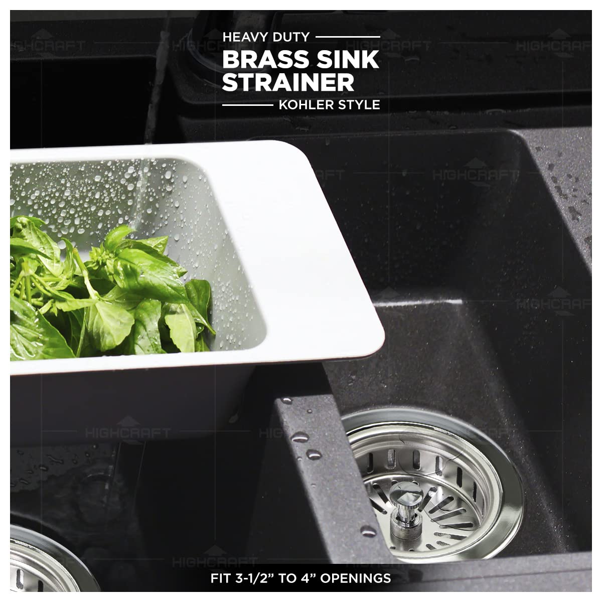 Highcraft 9735 Heavy Duty Kitchen Sink (3-1/2 Inch) Stainless Steel Drain Assembly With Strainer Basket Kohler Style Stopper, 1.