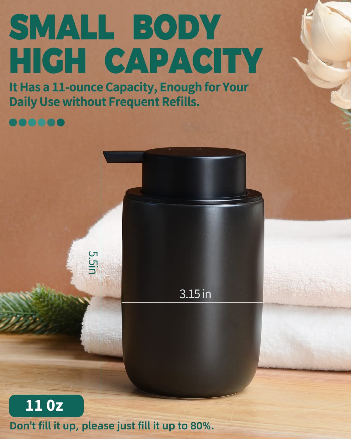 Bosilunlife Lotion Pump Dispenser - Matte Black Soap Dispenser Bathroom Ceramic Dish Liquid Soap Dispenser For Kitchen, Bathroom