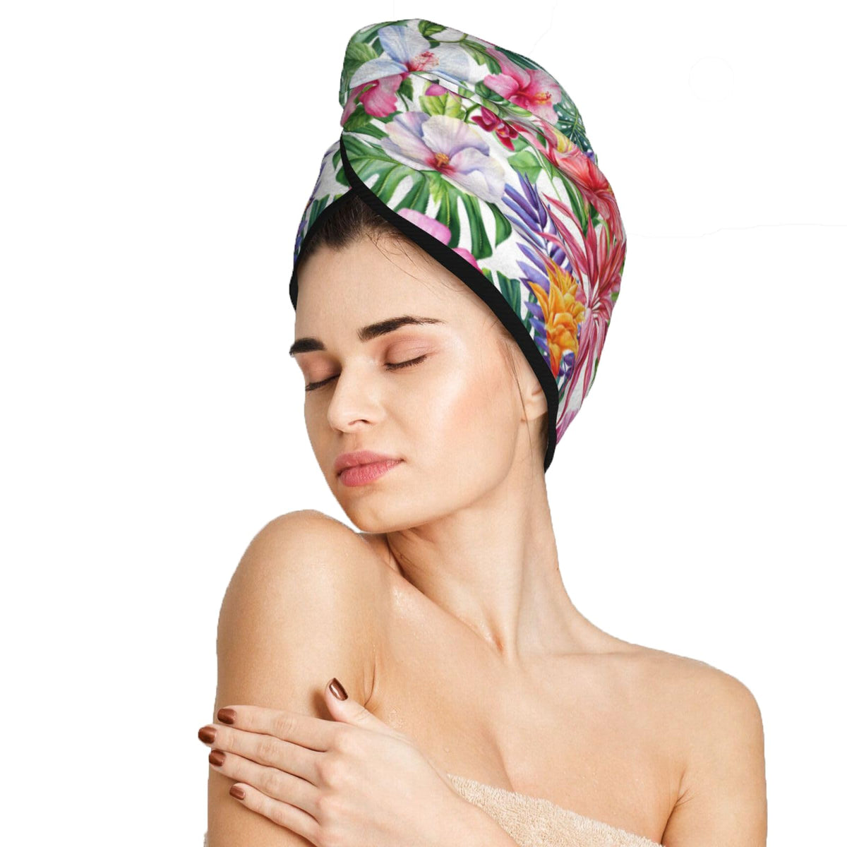 famliihw Tropical Flowers Hair Towel Wrap Microfiber Fast Drying Hair Turban with Buttons for Women Drying Curly, Long & Thick H