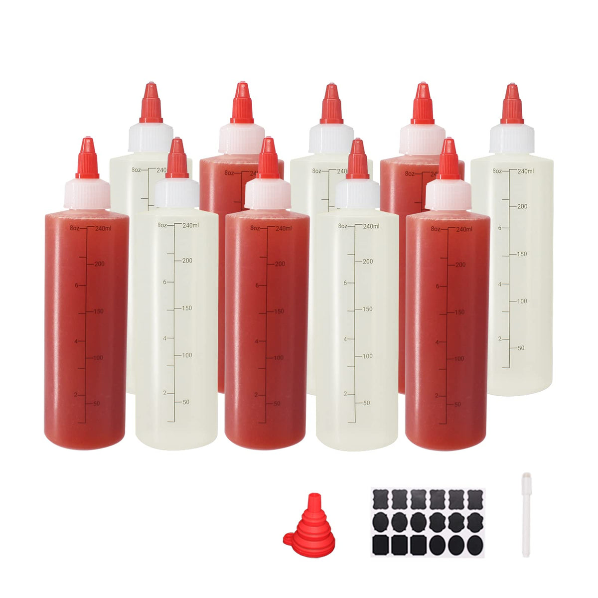 Belinlen 10 Pack 8 Oz Graduated Plastic Squeeze Squirt Condiment Bottles With Red Twist On Cap Lids - For Condiments, Oil, Icing