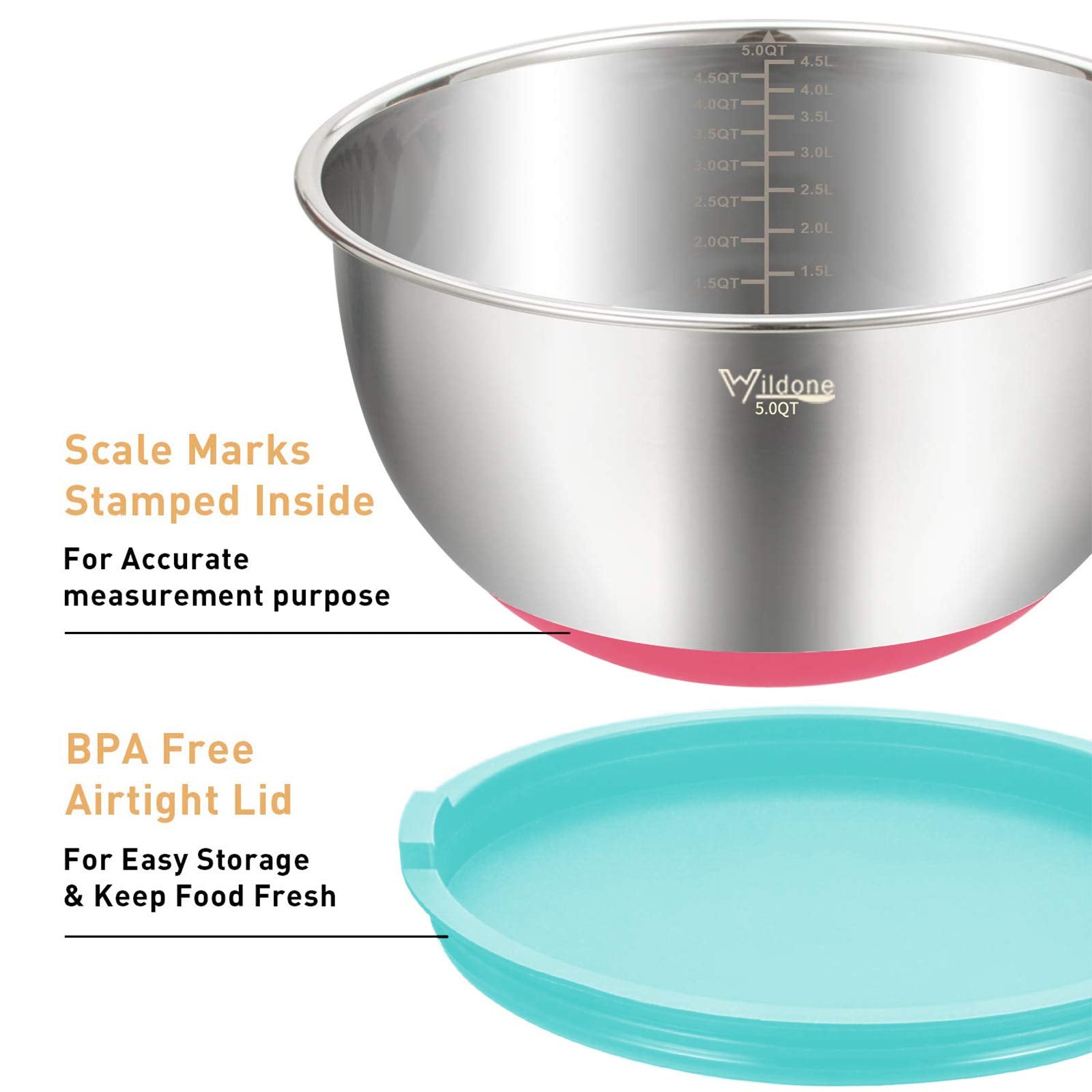 Wildone Mixing Bowls With Lids Set, 5Pcs Stainless Steel Colorful Nesting Bowls With 3 Grater Attachments, Measurement Marks & N