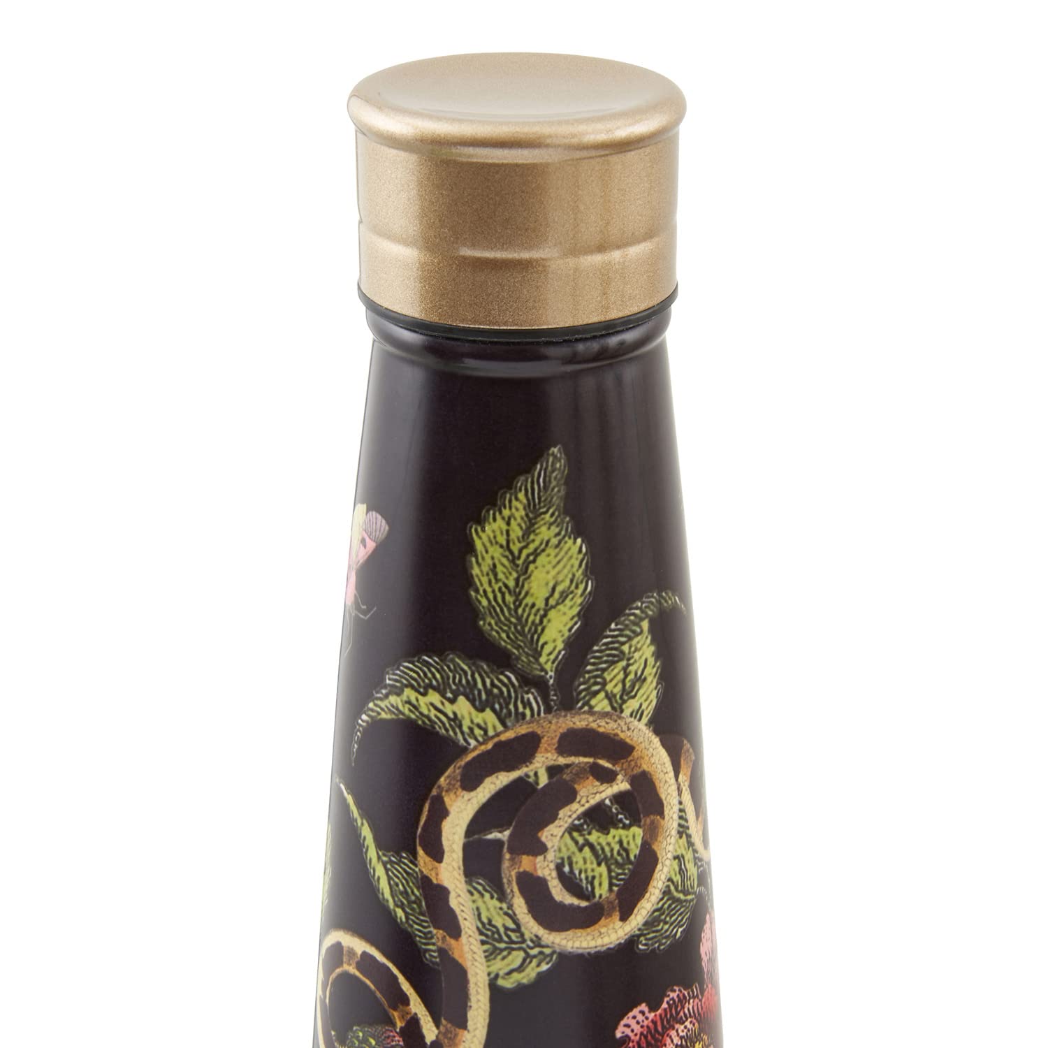 Spode Stainless Steel Water Bottle - 15oz Leakproof Canteen, Black, Victorian Floral Design, Keeps Drinks Hot/Cold for 12 Hours