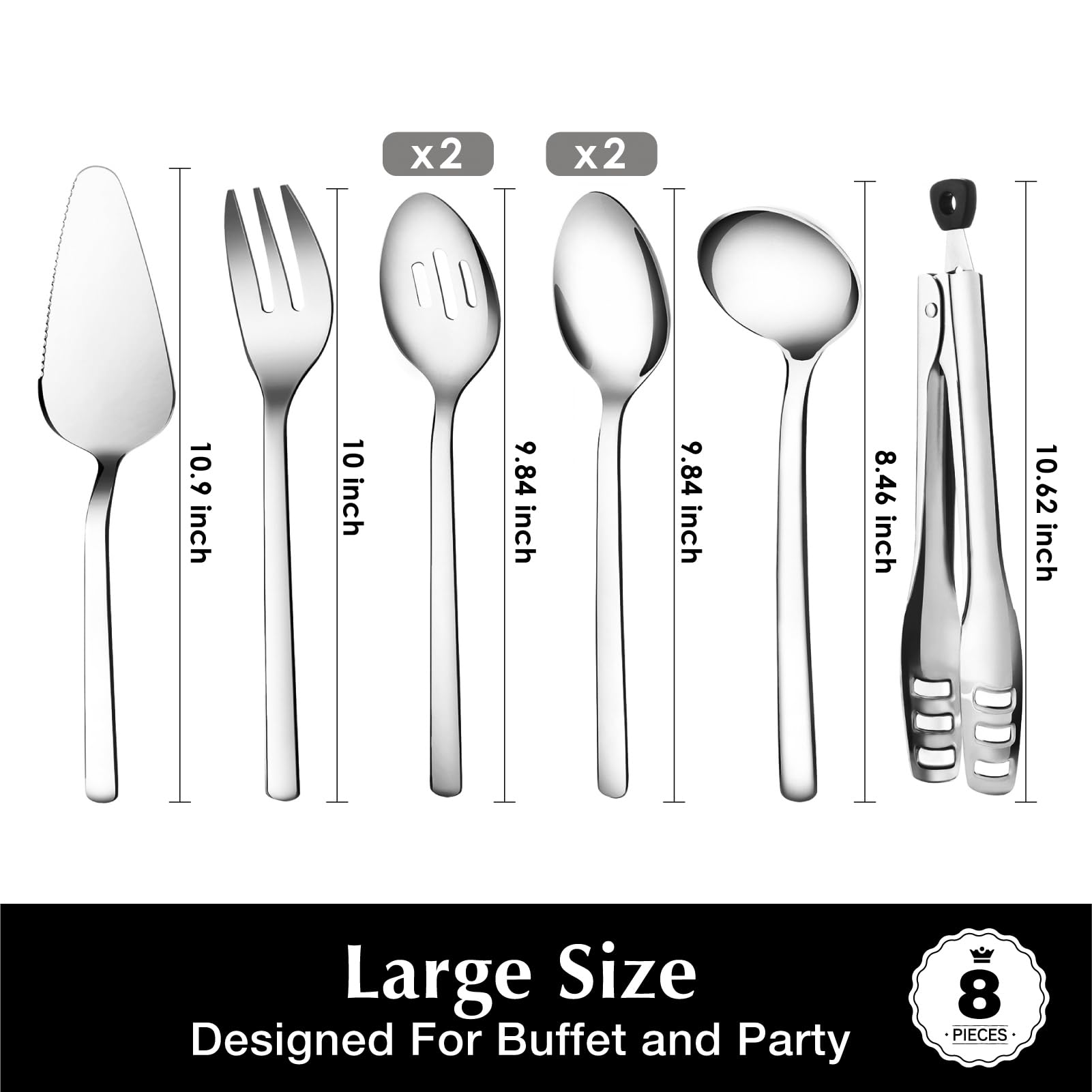 KINGSTONE Large Serving Utensils Set, 10-inch Heavy Duty Stainless Steel, Silver - Slotted Spoons, Forks, Tongs, Cake Server for Events
