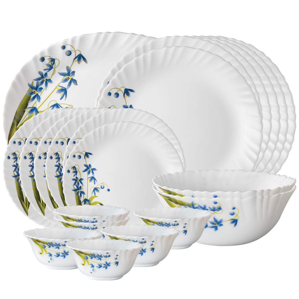 Larah By Borosil Fluted Series Lavender Opalware Dinner Set | 21 Piece For Family Of 6 | Microwave & Dishwasher Safe | Bone-Ash 
