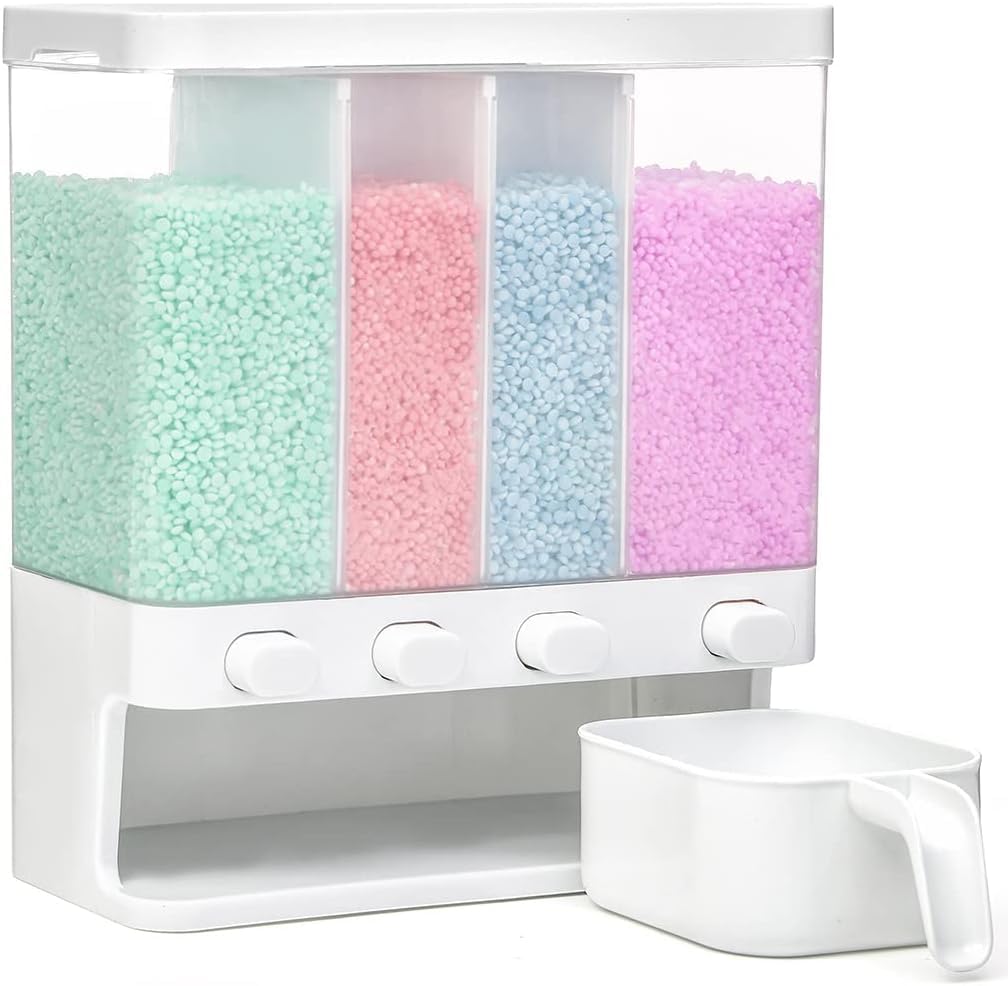 Homaxa WallMounted Rice Dispenser With 4 Grid Storage  Dry Food & Scent Bead Organizer For Kitchen Or Laundry, BpaFree Cereal