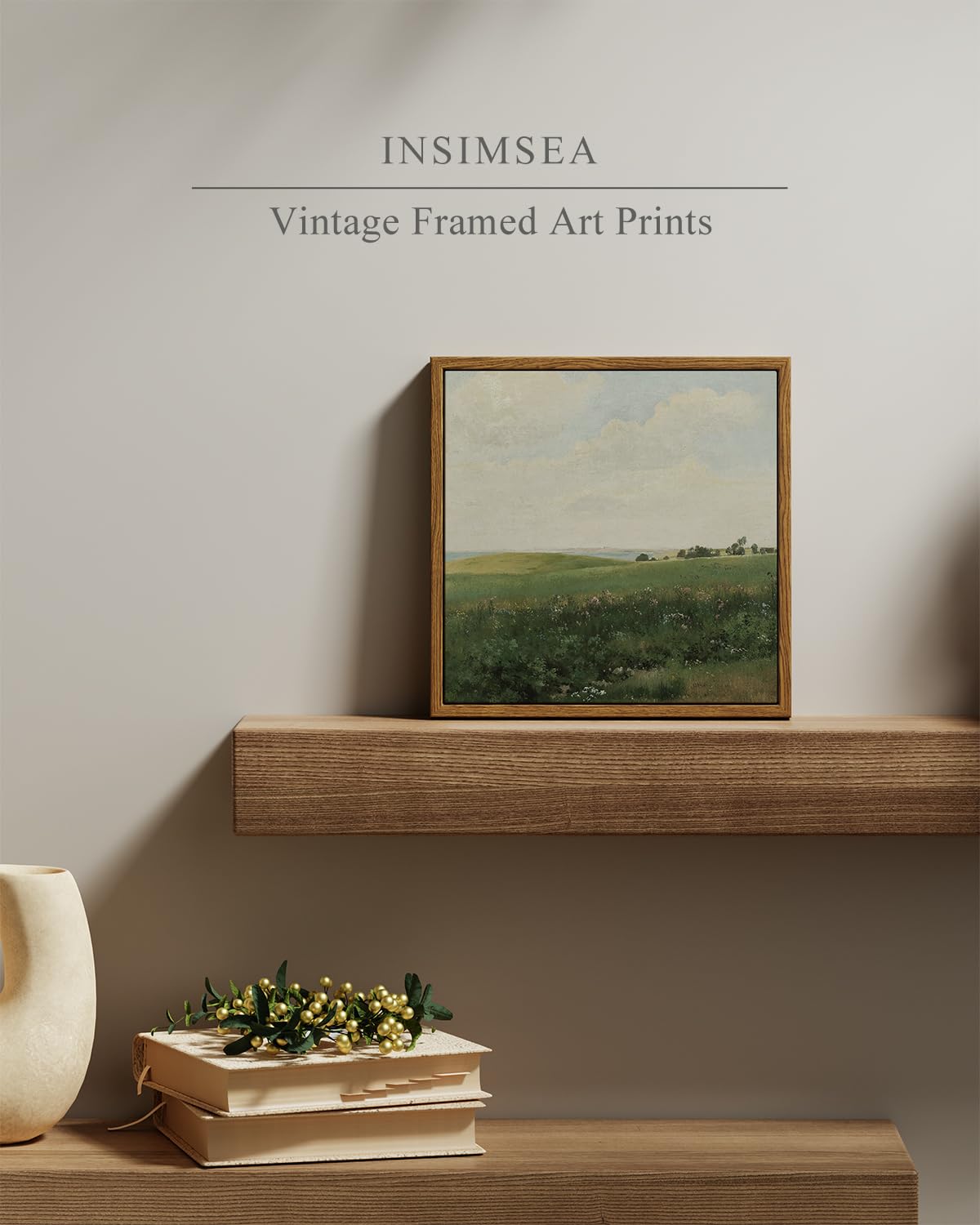Insimsea Square Framed Canvas Wall Art, Vintage Grassland Paintings, Field Scenery Wall Pictures For Bedroom Bathroom Living Roo