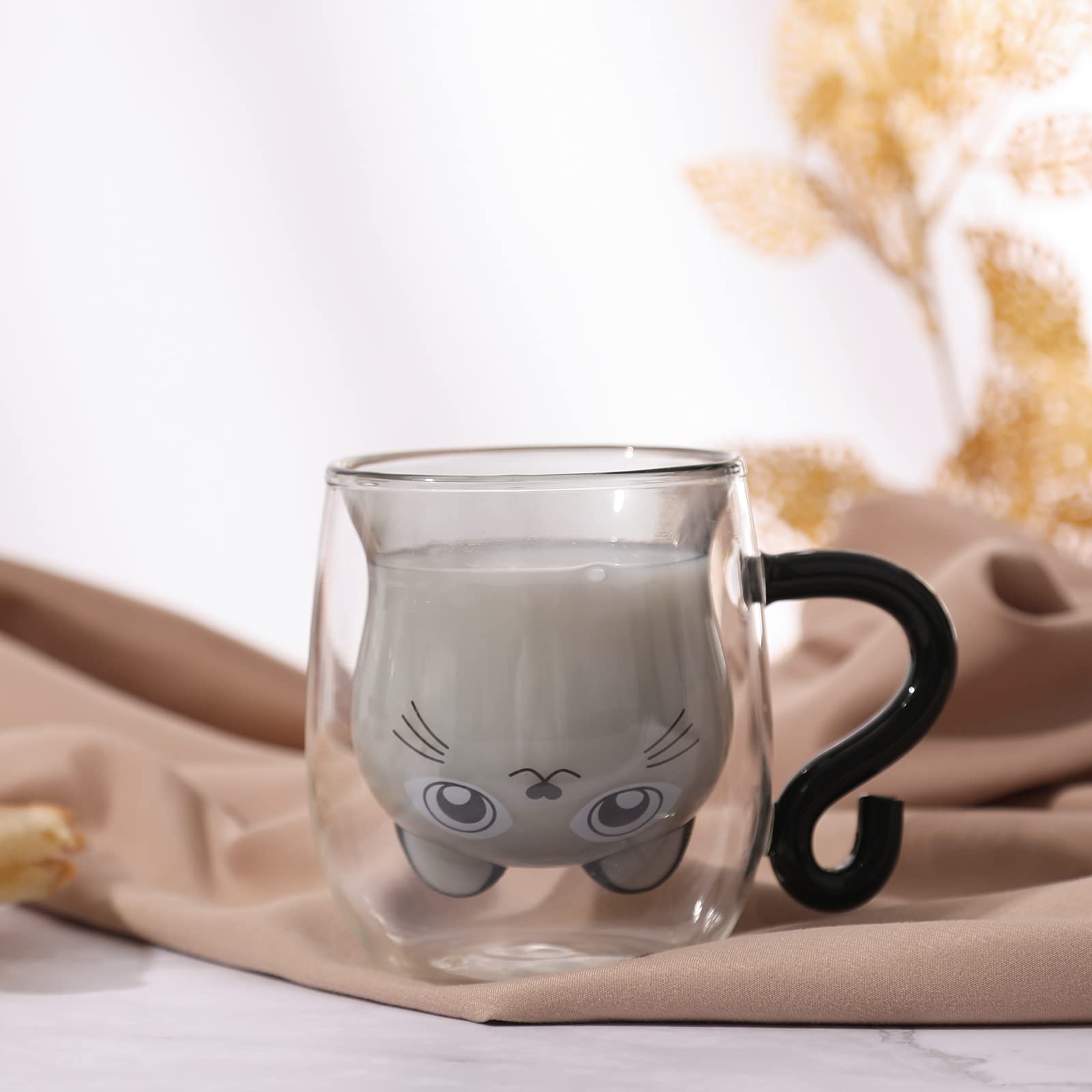 Shendong Cute Cat Mugs With Handle Cute Cups Cat Tea Coffee Cup Double Wall Insulated Glass Espresso Cups 8.4Oz Milk Cup Gift Fo